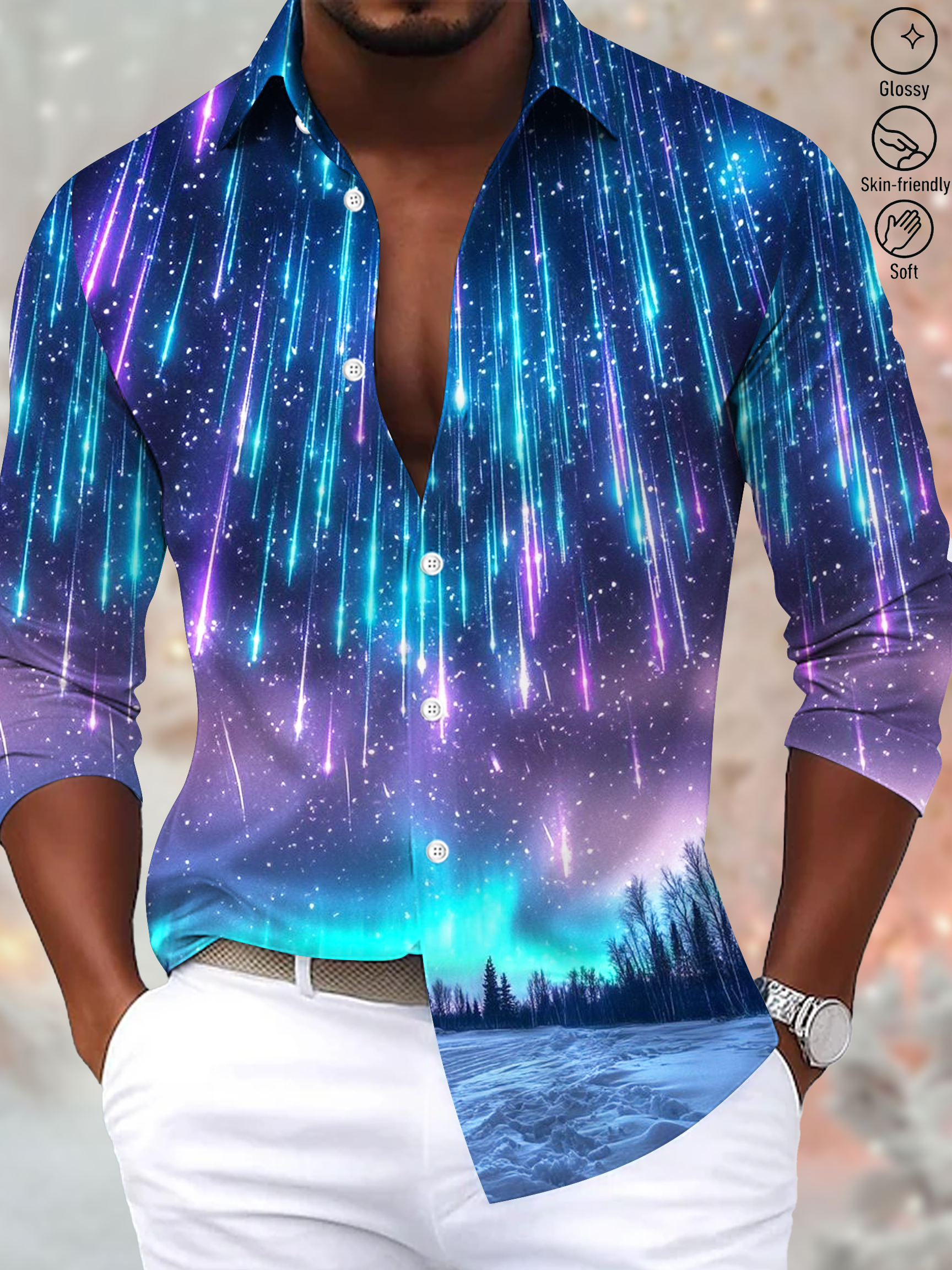 Royaura Vintage Gradient Meteor Shower Art Men's Satin Button-Down Long Sleeve Shirt Big & Tall