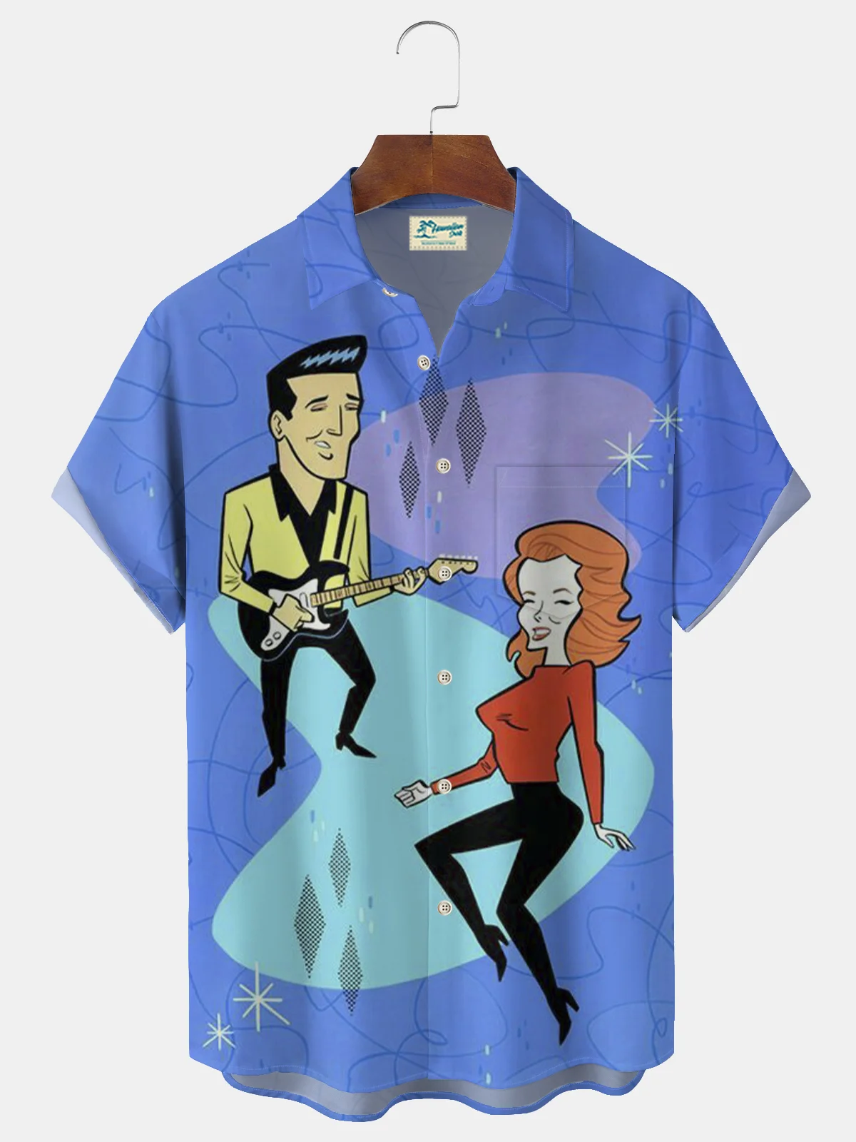 Royaura® Men's Retro Music Print Button Pocket Short Sleeve Shirt Big & Tall