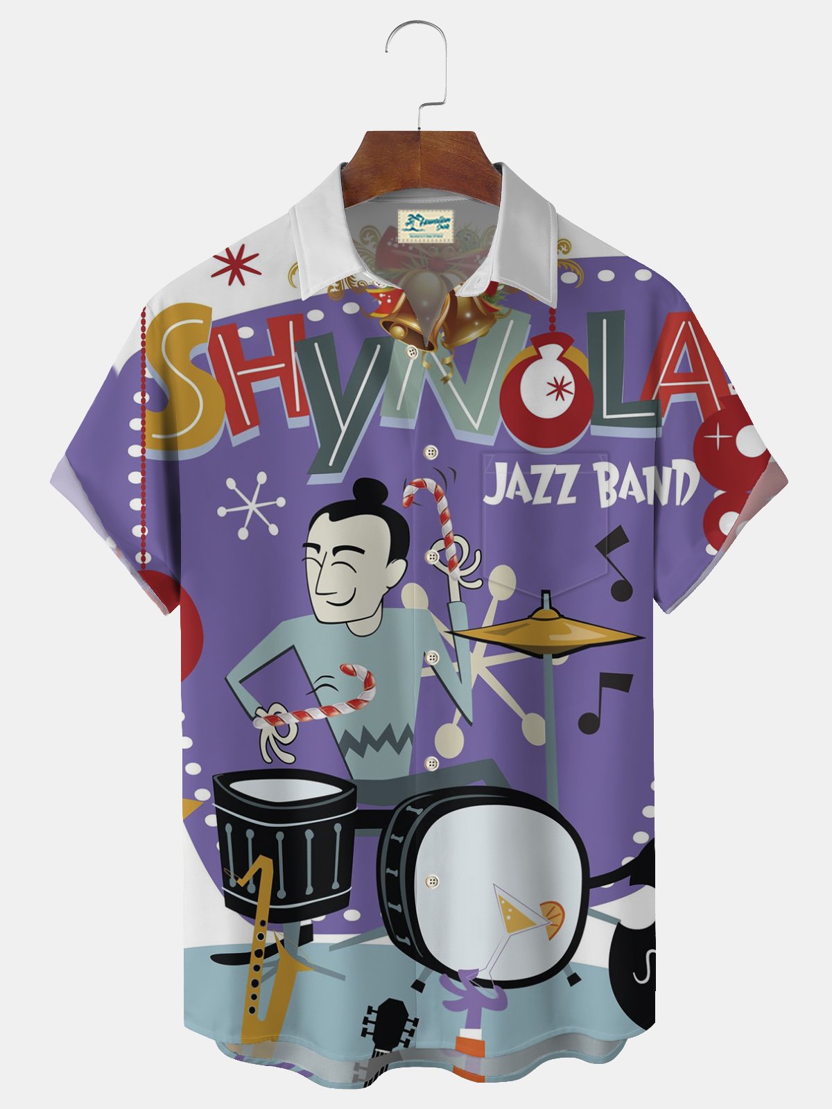 Royaura® Christmas Geometric Jazz Print Button Pocket Short Sleeve Shirt Big & Tall