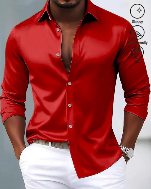 Royaura® Basic Satin Satin Silk Printed Men's Button Pocket Long Sleeve Shirt Big & Tall