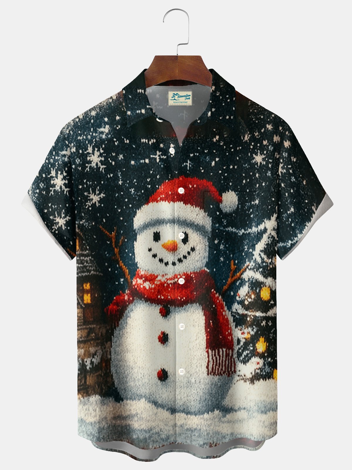 Royaura® Christmas Snowman Print Men's Button Pocket Short Sleeve Shirt Big & Tall