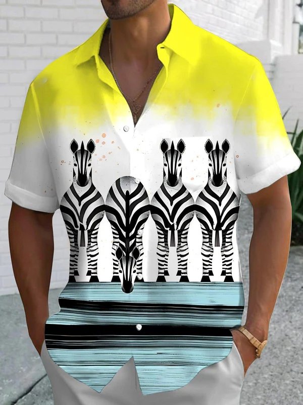 Royaura® Men's Retro Zebra Print Button Pocket Short Sleeve Shirt Big & Tall