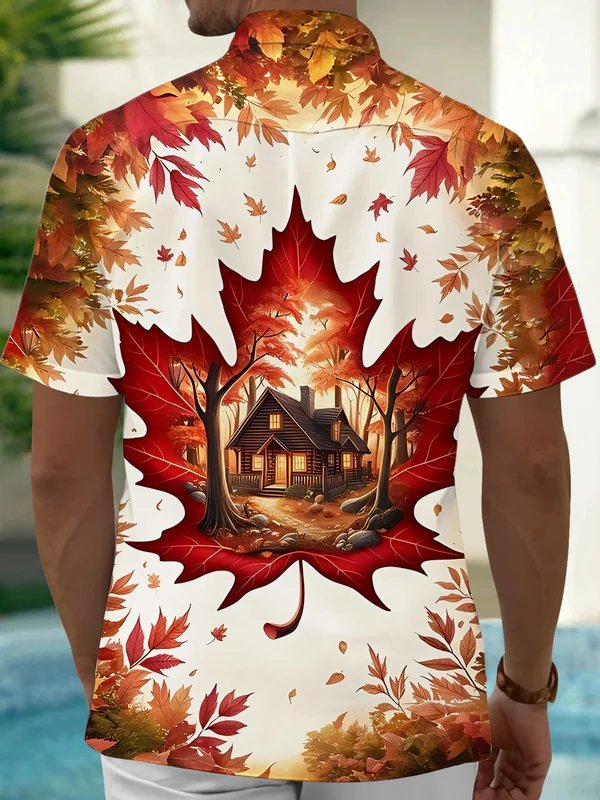 Royaura® Thanksgiving Maple Leaf Print Men's Button Pocket Short Sleeve Shirt Big & Tall