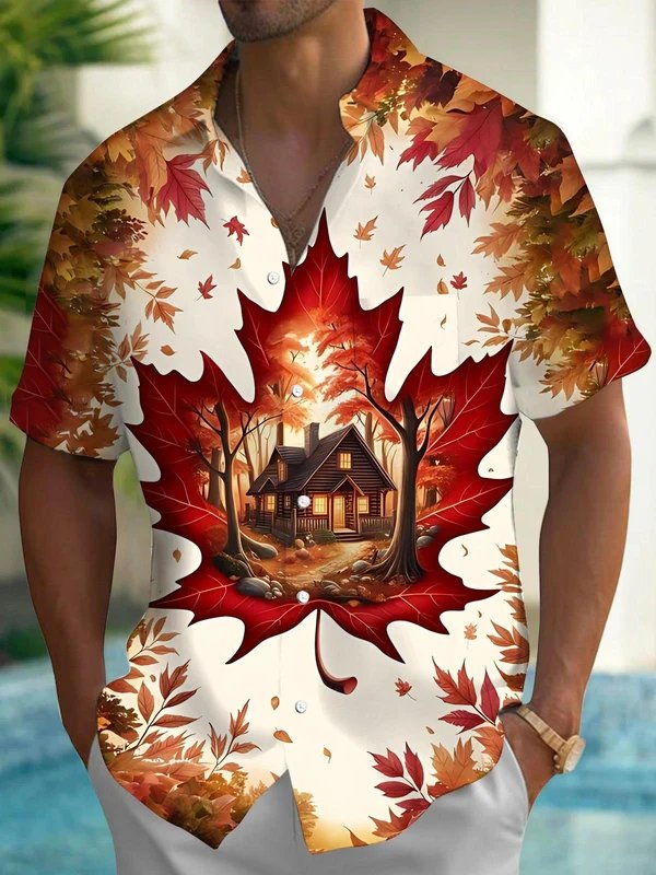 Royaura® Thanksgiving Maple Leaf Print Men's Button Pocket Short Sleeve Shirt Big & Tall