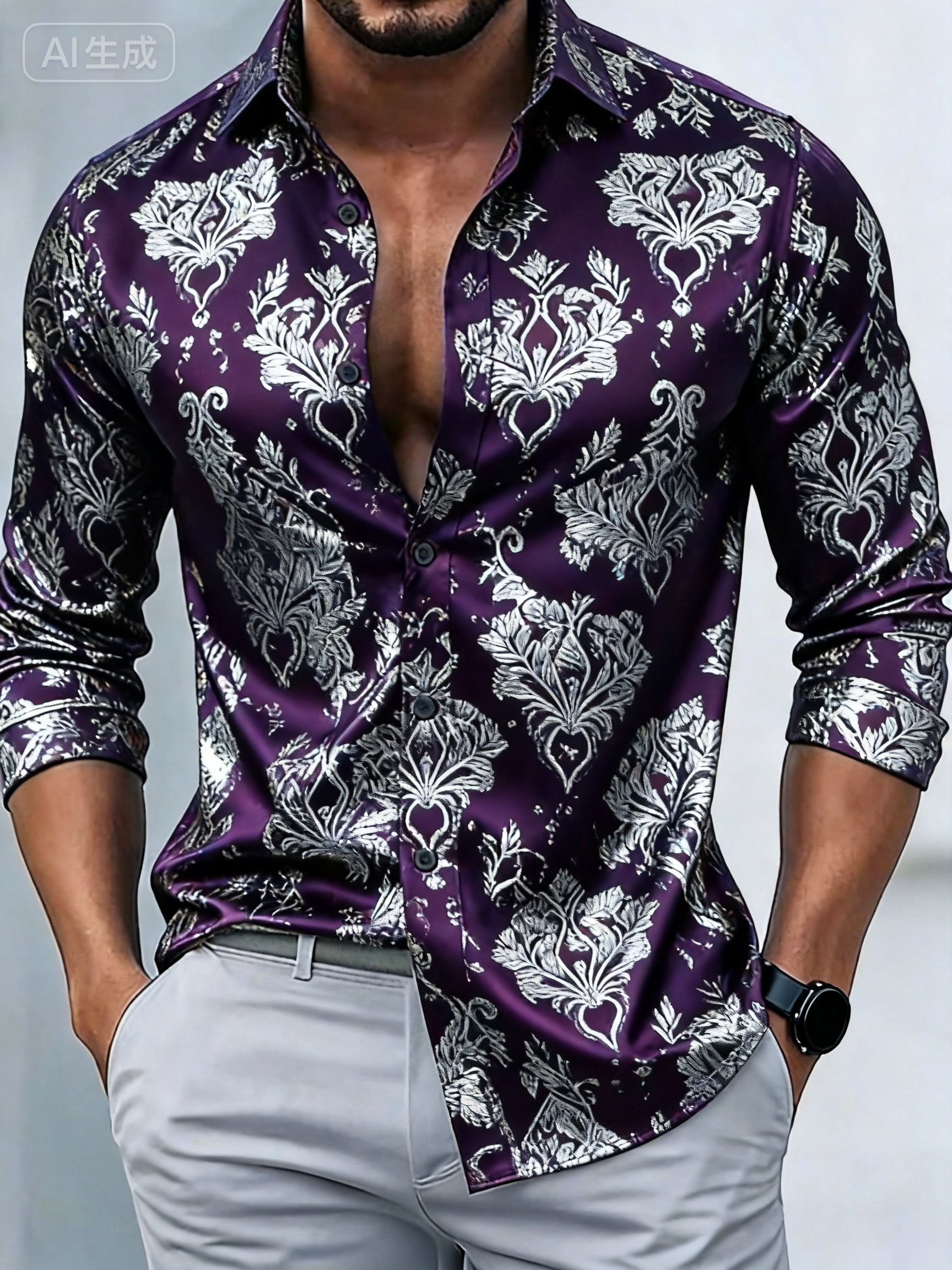 Royaura® Retro Baroque Palace Style Print Men's Button Pocket Long Sleeve Shirt Big & Tall