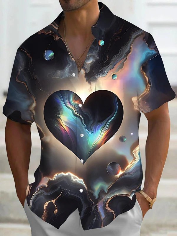 Royaura® Men's Retro Gradient Art Print Button Pocket Short Sleeve Shirt Big & Tall