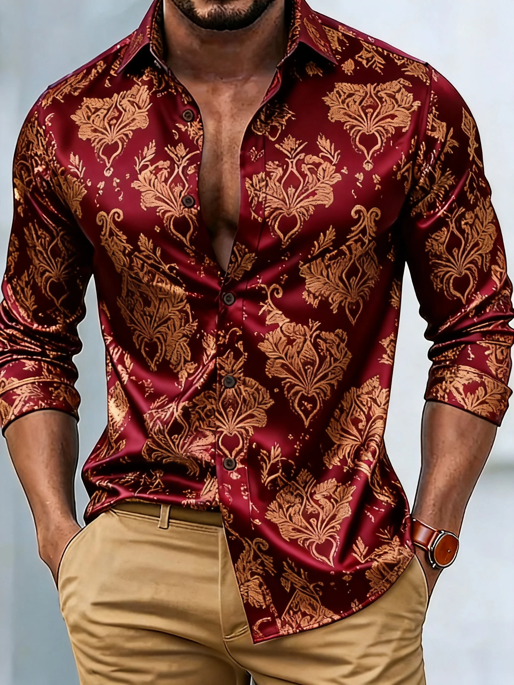 Royaura® Retro Baroque Palace Style Print Men's Button Pocket Long Sleeve Shirt Big & Tall