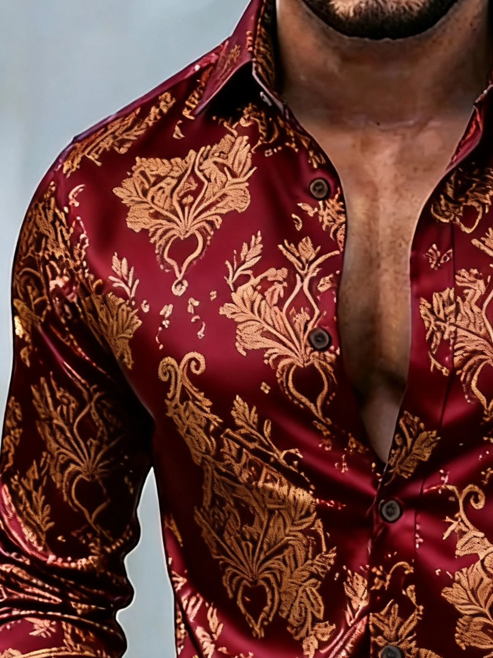 Royaura® Retro Baroque Palace Style Print Men's Button Pocket Long Sleeve Shirt Big & Tall