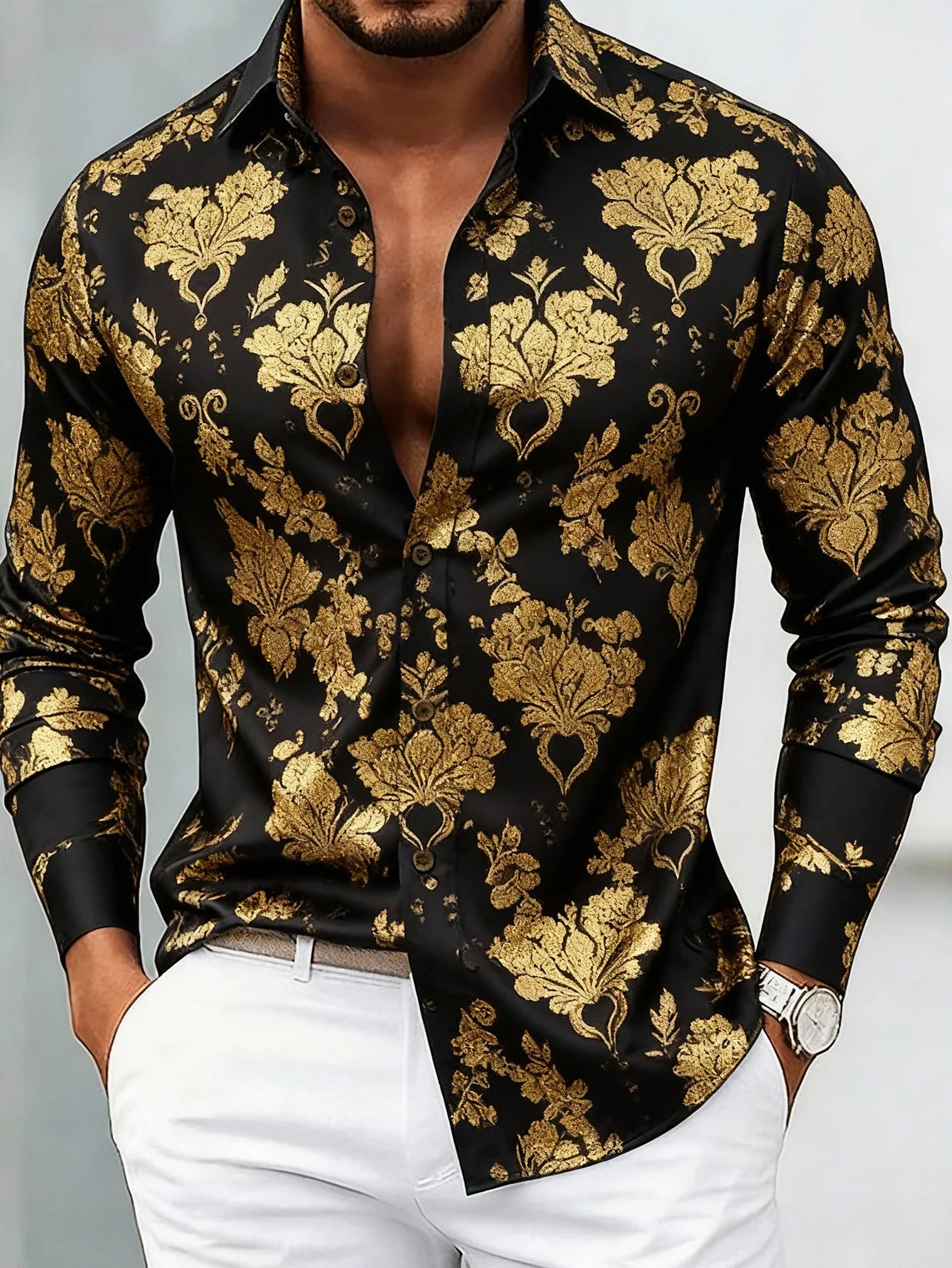 Royaura® Retro Baroque Palace Style Print Men's Button Pocket Long Sleeve Shirt Big & Tall
