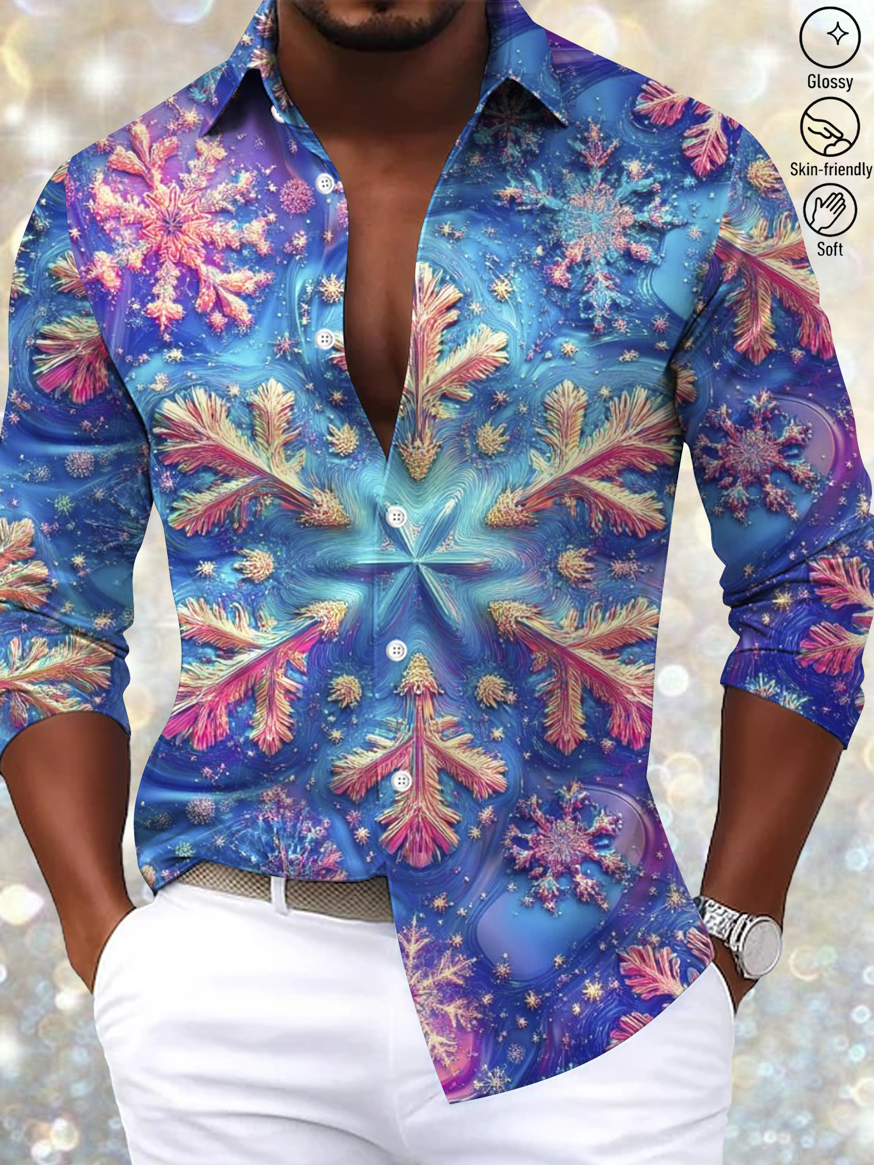 Royaura Vintage Gradient 3D Snowflake Art Men's Satin Button-Down Long Sleeve Shirt Big & Tall