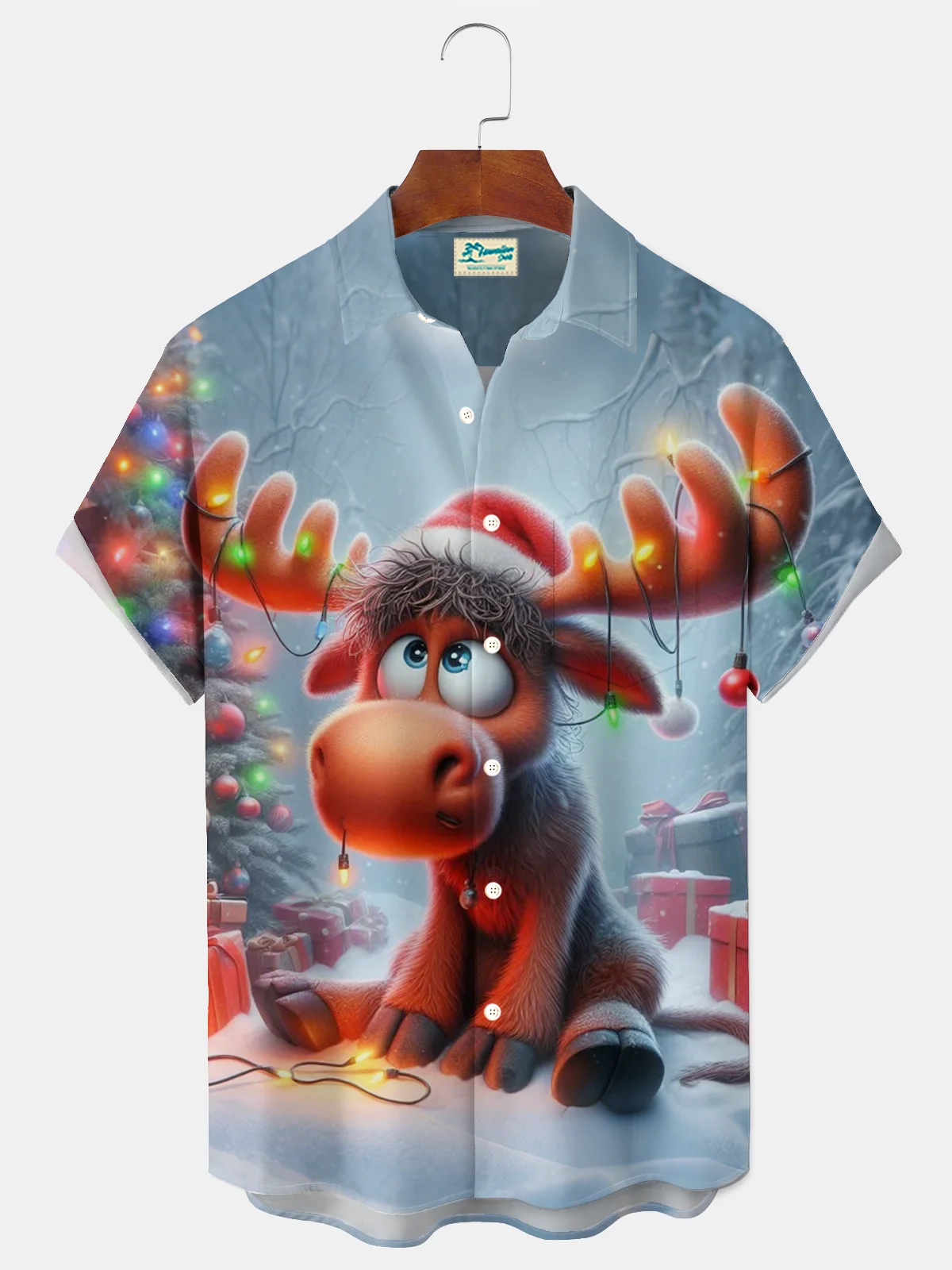 Royaura® Holiday Christmas Reindeer Art Print Men's Button Pocket Short Sleeve Shirt Big & Tall