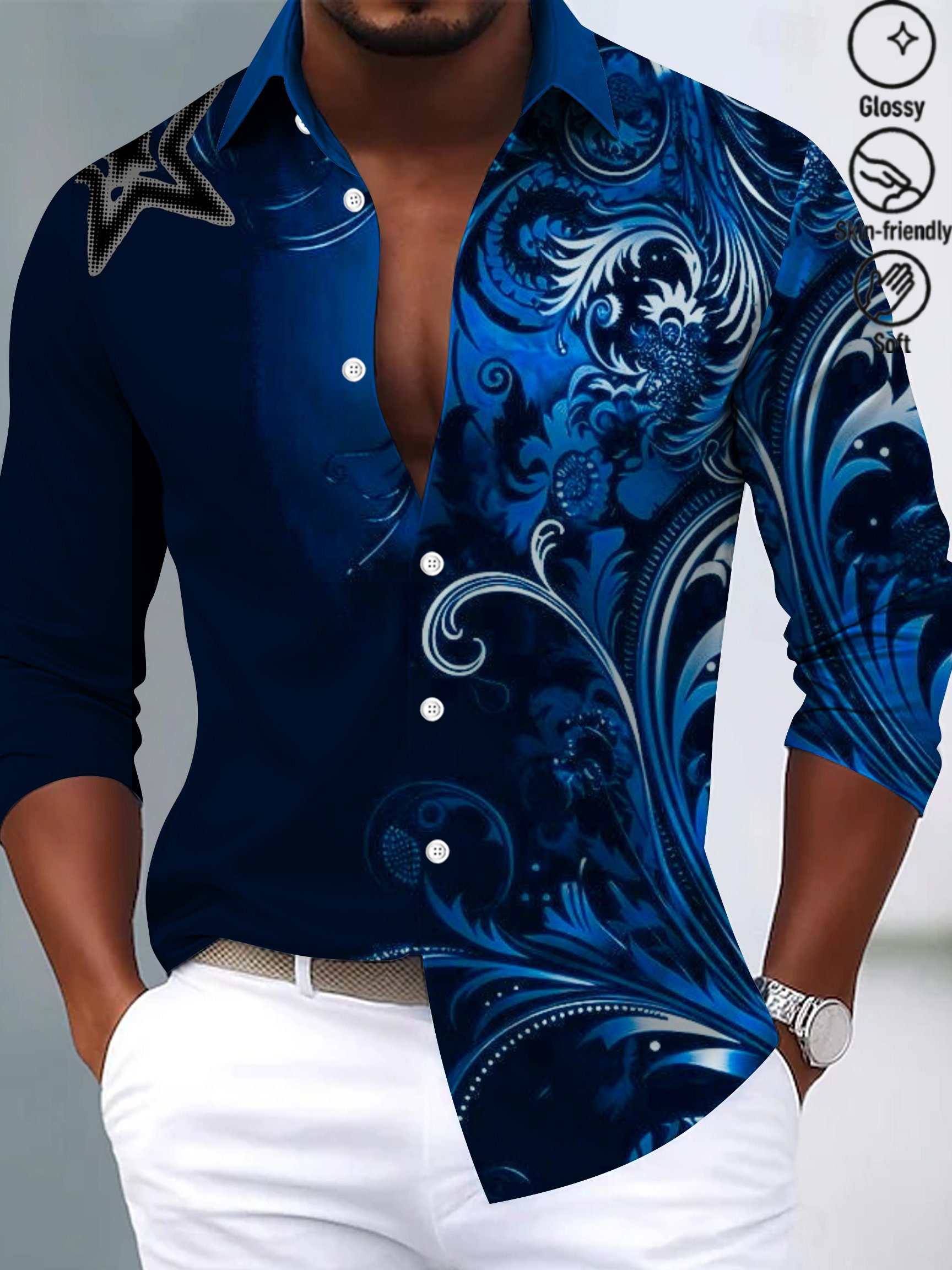 Royaura® Vintage Gradient Print Men's Button-Down Satin Long Sleeve Shirt Big & Tall