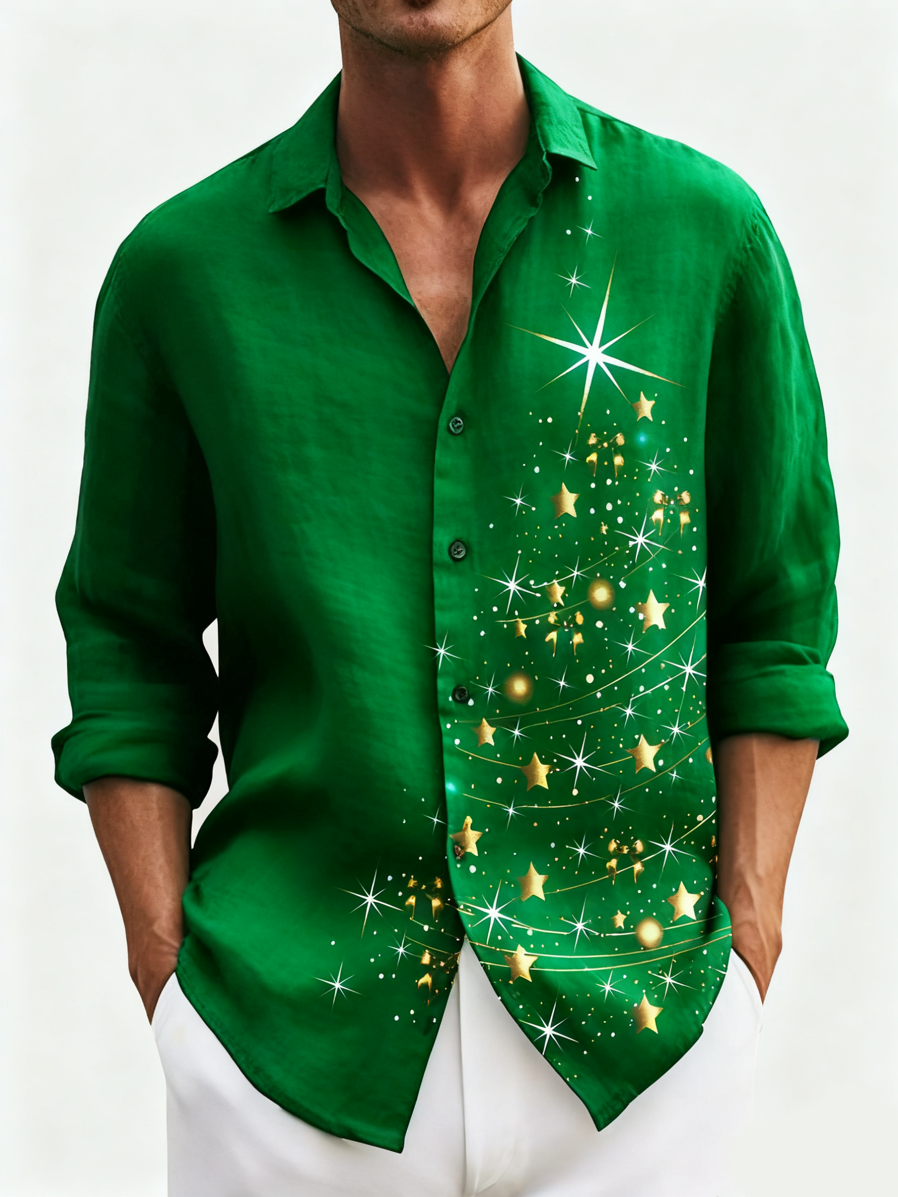 Royaura Christmas Black Men's Long Sleeve Shirts Glitter Gold Christmas Tree Stretch Oversized Button Shirts