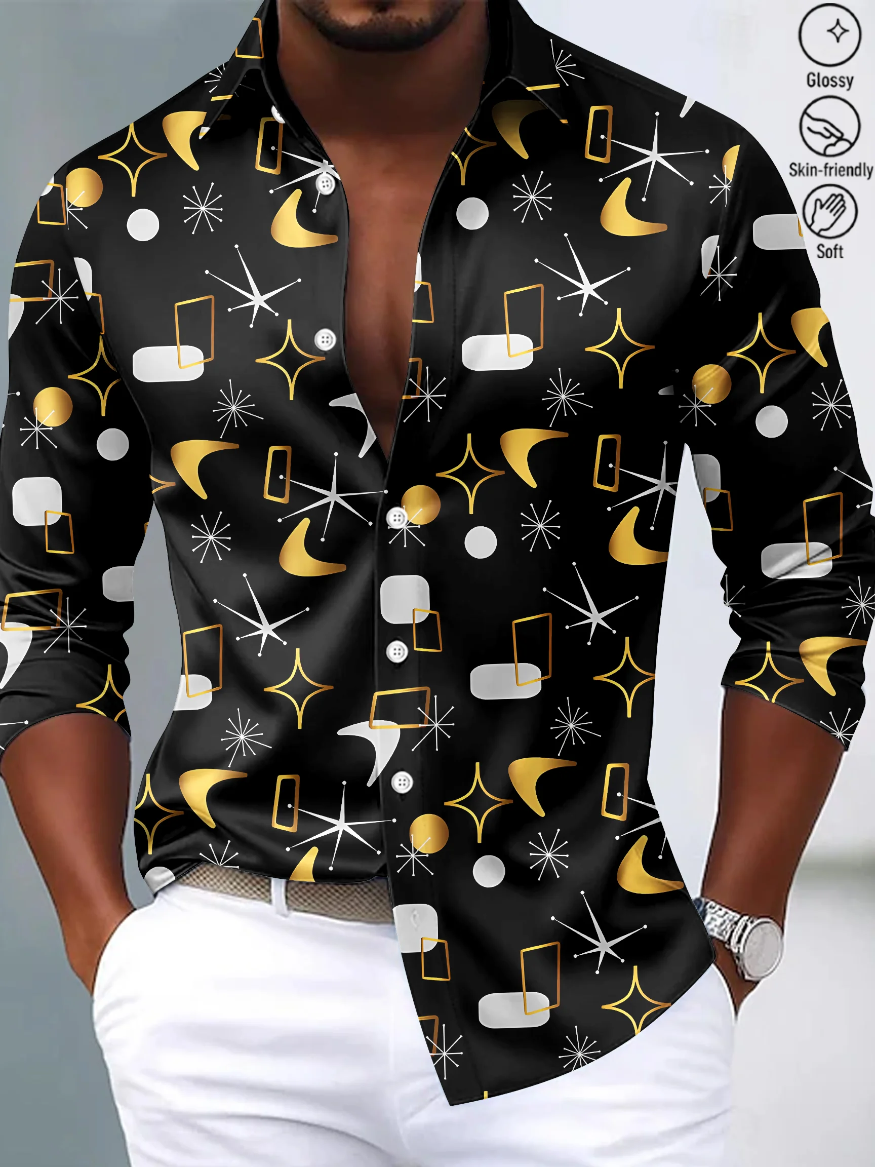 Royaura® Vintage Medieval Atomic Geometry Print Fashion Men's Button Bagless Silk Like Satin Long Sleeve Shirt Big Tall