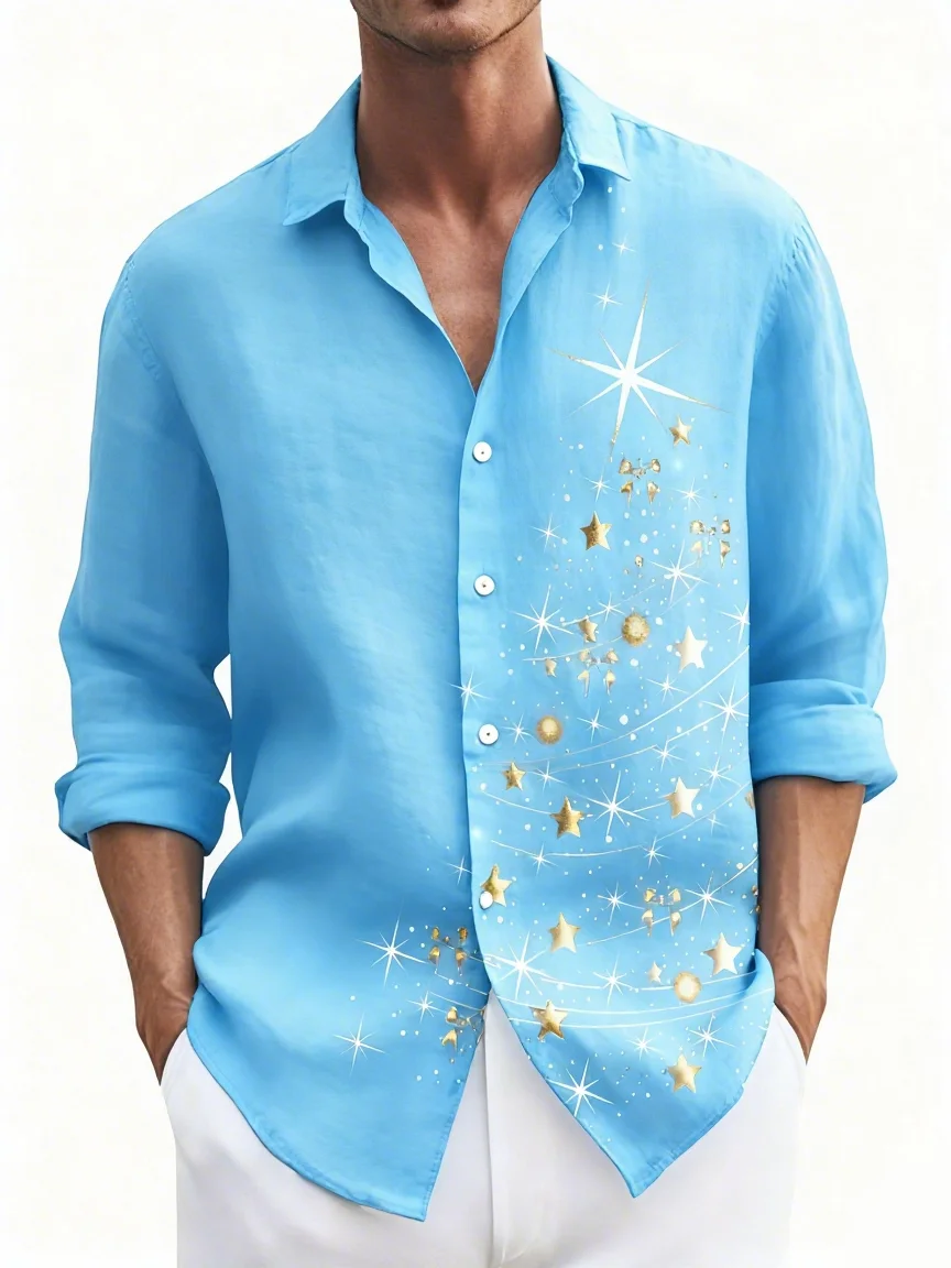 Royaura Christmas Black Men's Long Sleeve Shirts Glitter Gold Christmas Tree Stretch Oversized Button Shirts