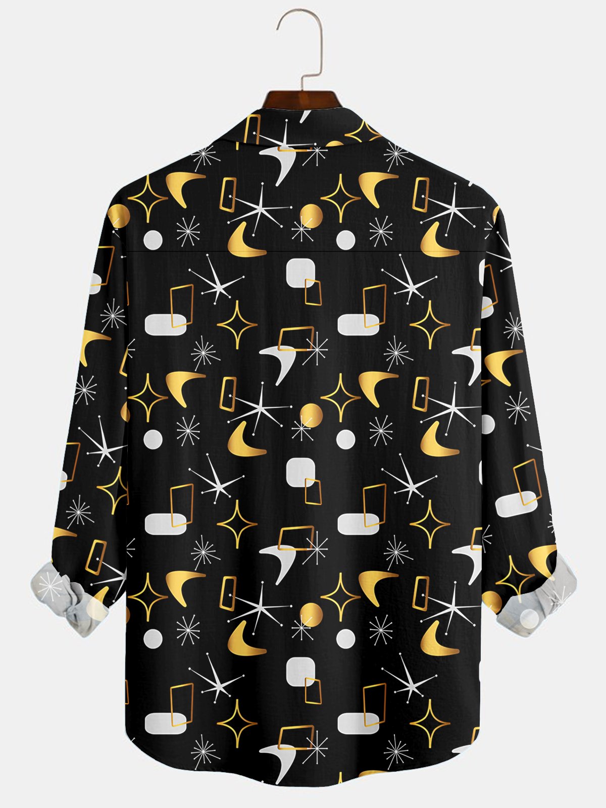 Royaura® Vintage Medieval Atomic Geometry Print Fashion Men's Button Bagless Silk Like Satin Long Sleeve Shirt Big Tall