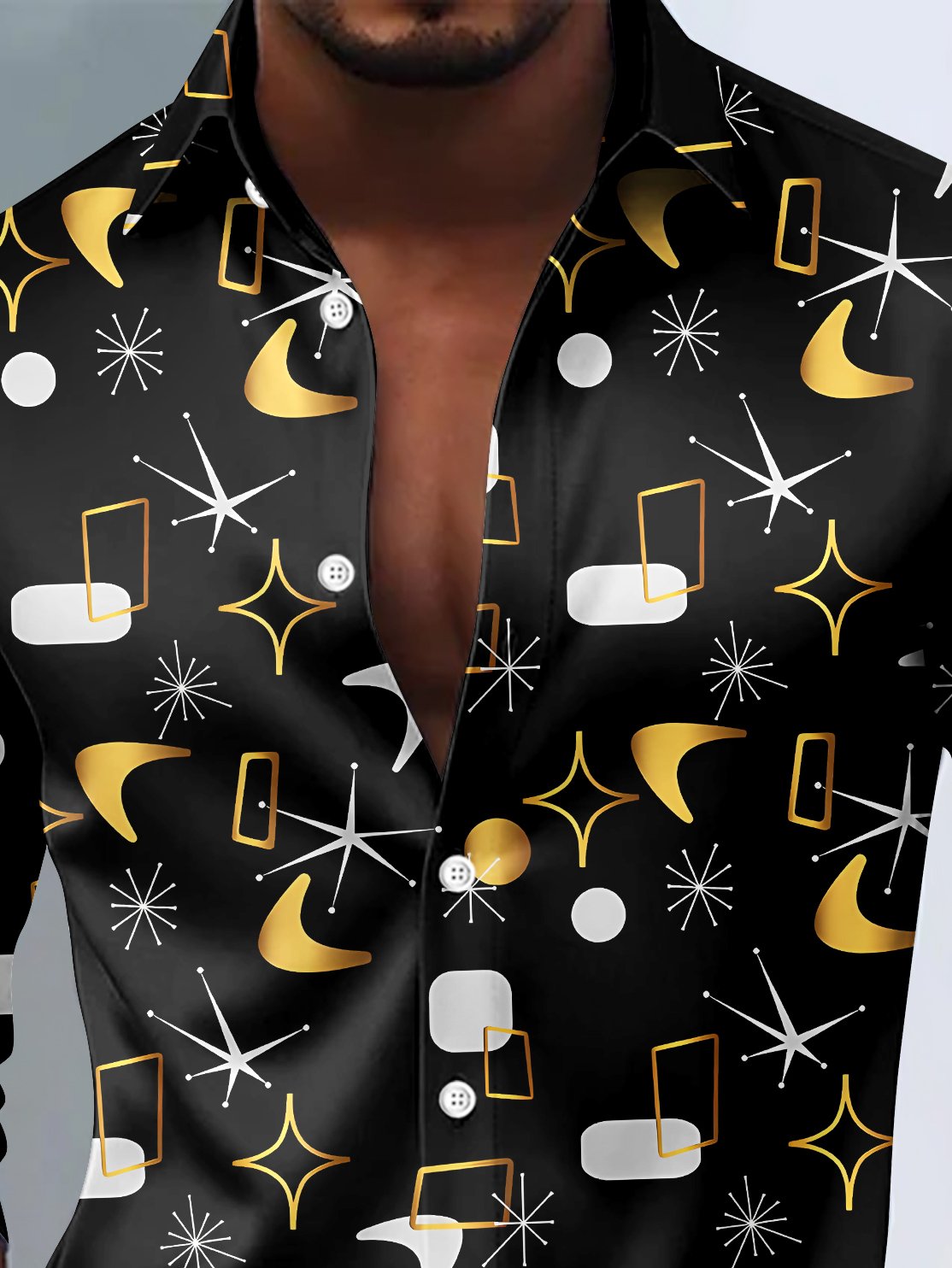 Royaura® Vintage Medieval Atomic Geometry Print Fashion Men's Button Bagless Silk Like Satin Long Sleeve Shirt Big Tall