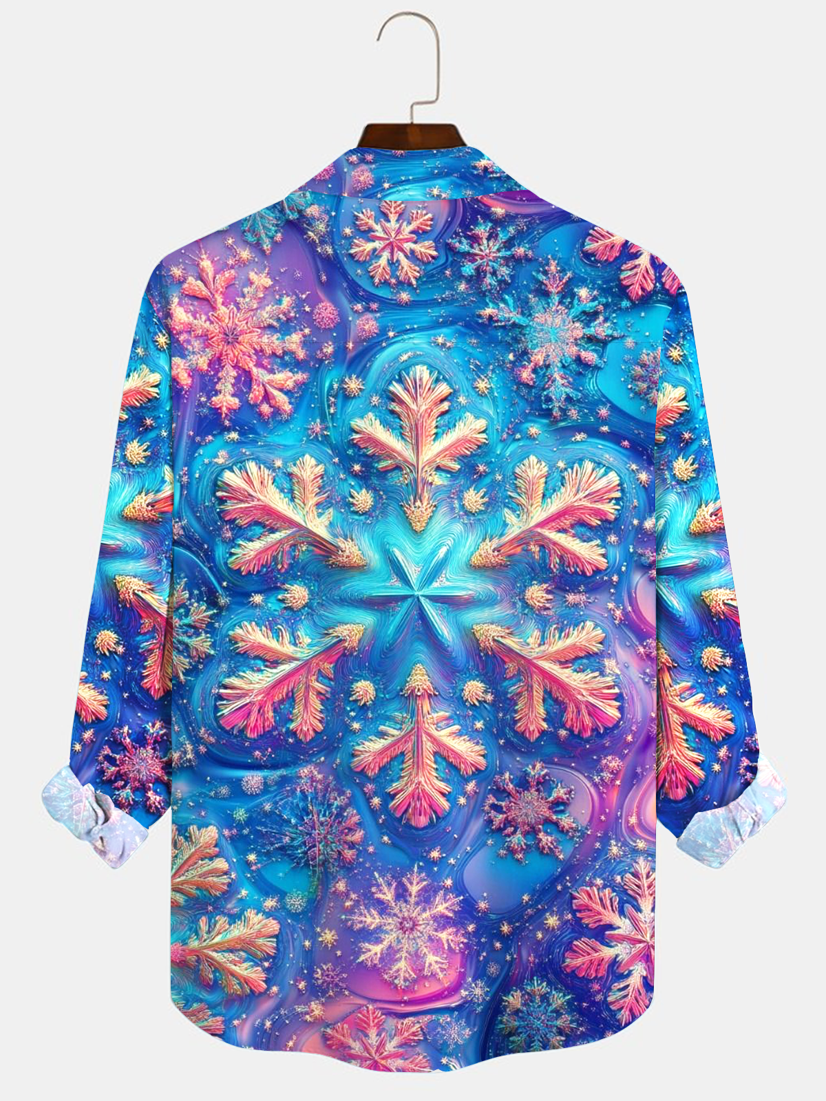 Royaura Vintage Gradient 3D Snowflake Art Men's Satin Button-Down Long Sleeve Shirt Big & Tall