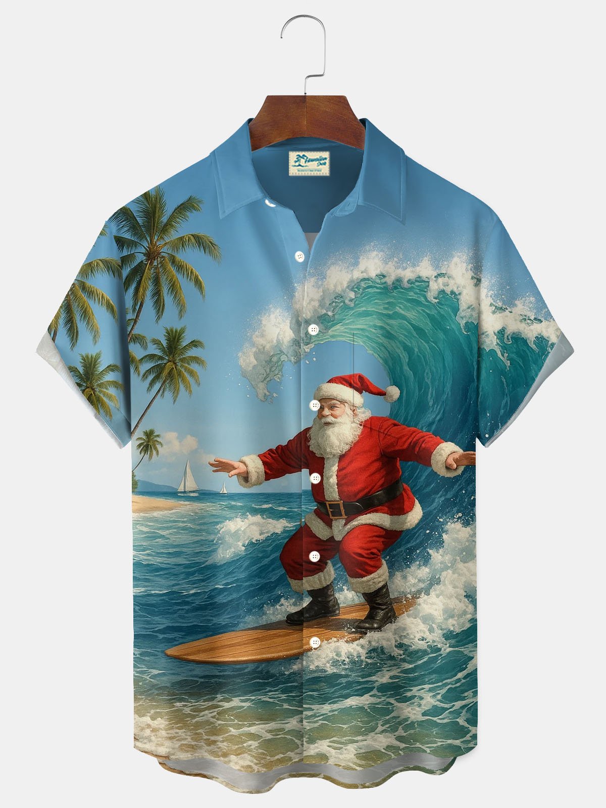 Royaura® Christmas Santa Surf Print Men's Button Pocket Short Sleeve Hawaiian Shirt Big & Tall