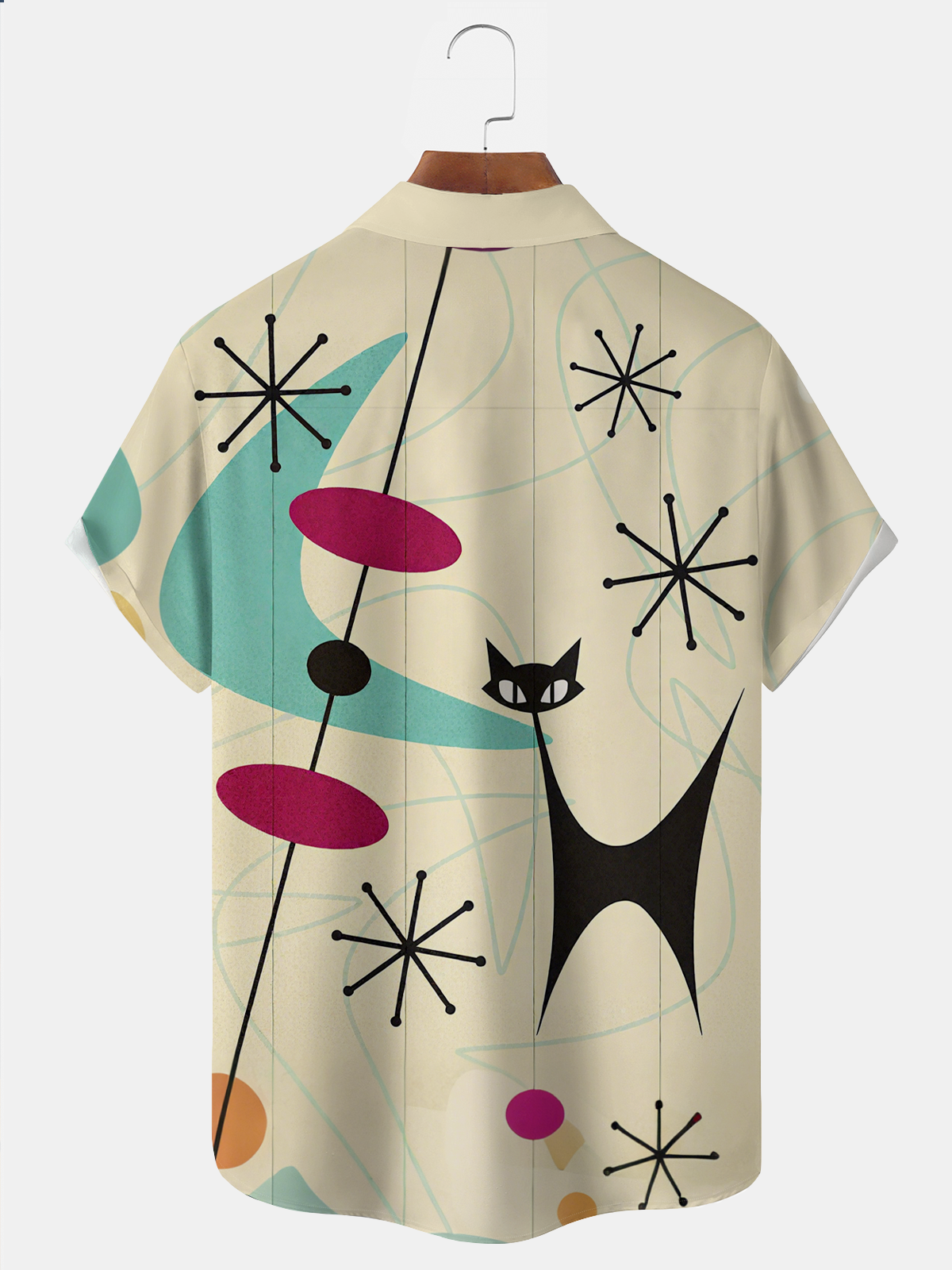Royaura® Retro 1950s Mid-century Atomic Age Geometric Cat Graphic Print Men's Button Pocket Short Sleeve Shirt Big & Tall