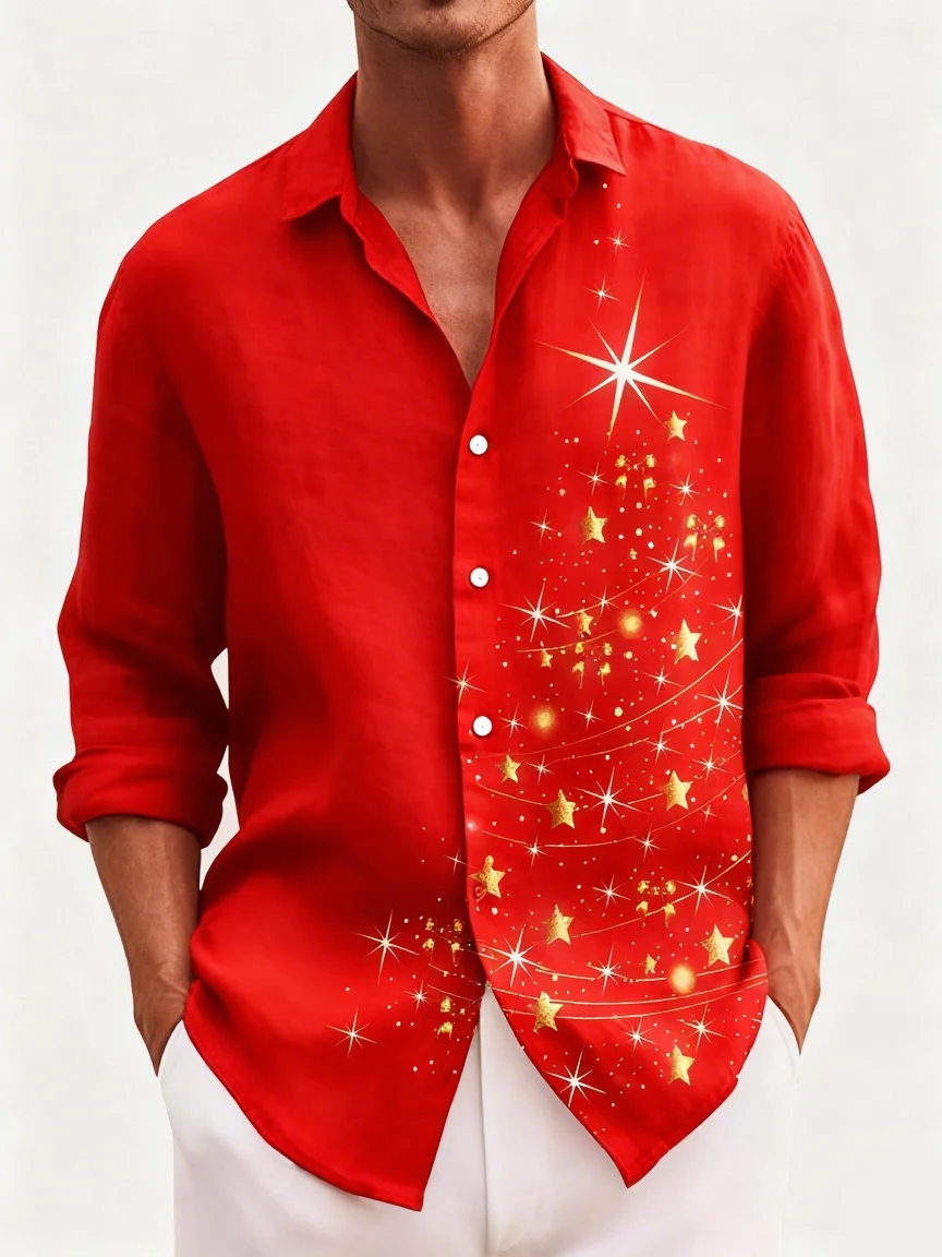 Royaura Christmas Black Men's Long Sleeve Shirts Glitter Gold Christmas Tree Stretch Oversized Button Shirts