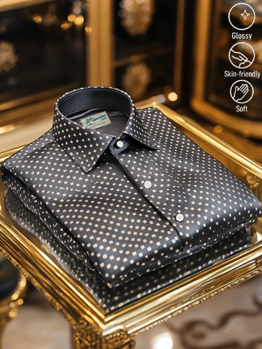 Royaura® Retro Polka Dot Geometric Print Men's Button Pocket Satin Long-Sleeve Dress Shirt Big & Tall
