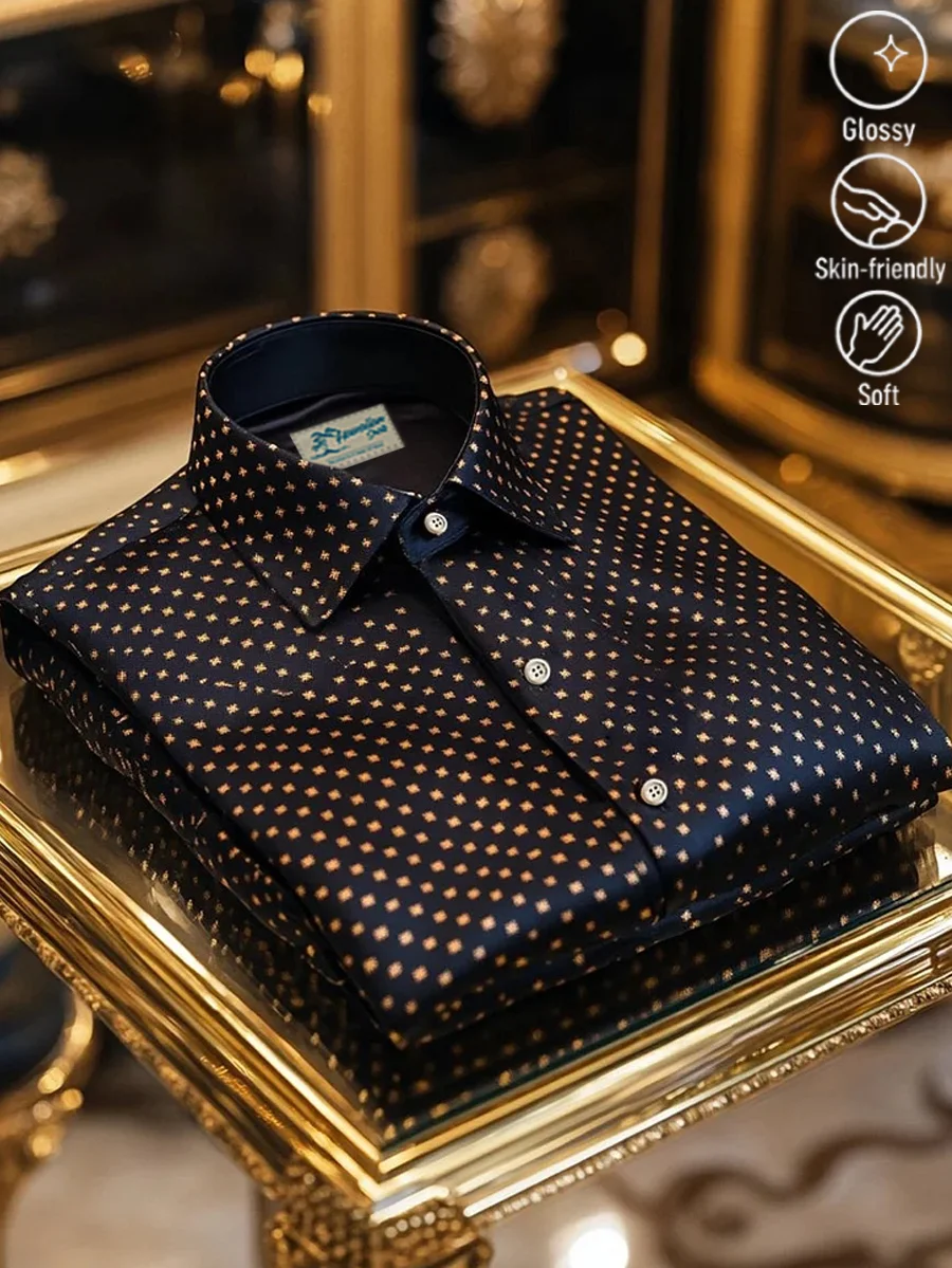 Royaura® Retro Polka Dot Geometric Print Men's Button Pocket Satin Long-Sleeve Dress Shirt Big & Tall