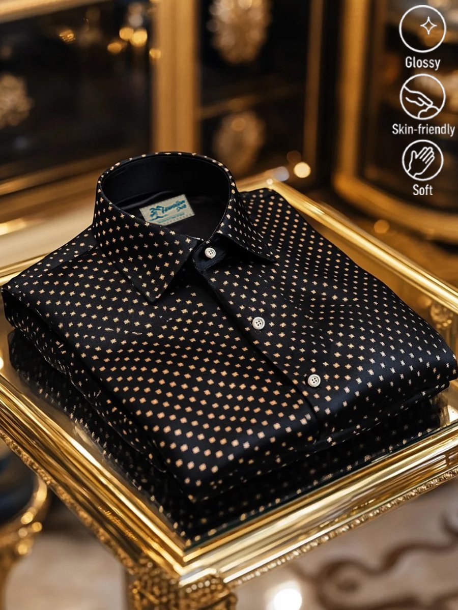 Royaura® Retro Polka Dot Geometric Print Men's Button Pocket Satin Long-Sleeve Dress Shirt Big & Tall