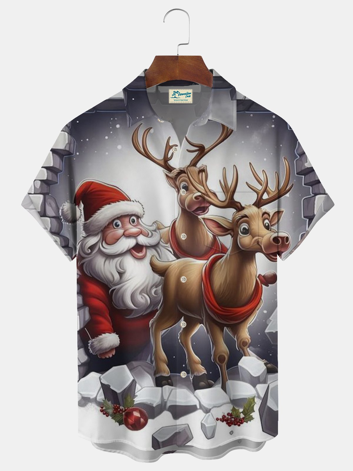 Royaura® Funny Santa and Elk Print Button Pocket Short Sleeve Shirt Big & Tall