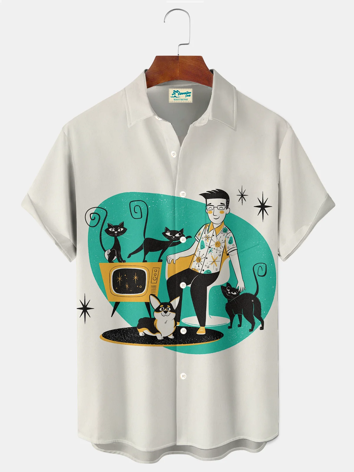 Royaura® Retro 1950s Mid-century Atomic Age Geometric Man Pet Life Graphic Print Men's Button Pocket Short Sleeve Shirt Big & Tall