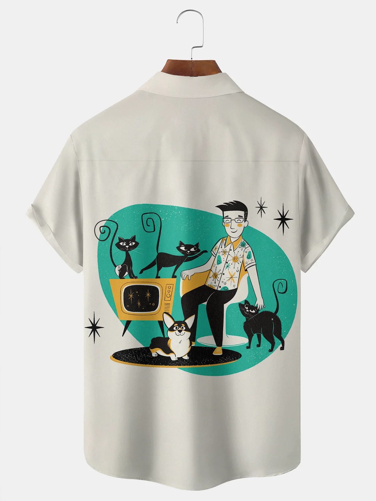 Royaura® Retro 1950s Mid-century Atomic Age Geometric Man Pet Life Graphic Print Men's Button Pocket Short Sleeve Shirt Big & Tall