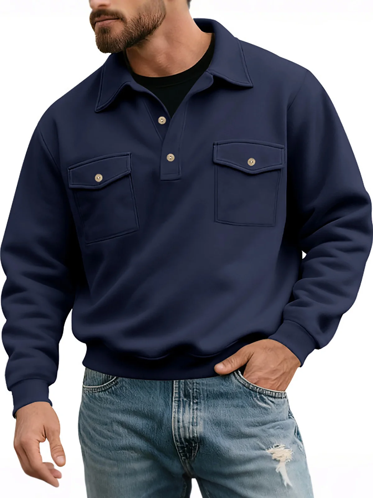 Royaura® Basic Men's Casual Fashion Double Pocket Tough Workwear Motorcycle Button Sweatshirt