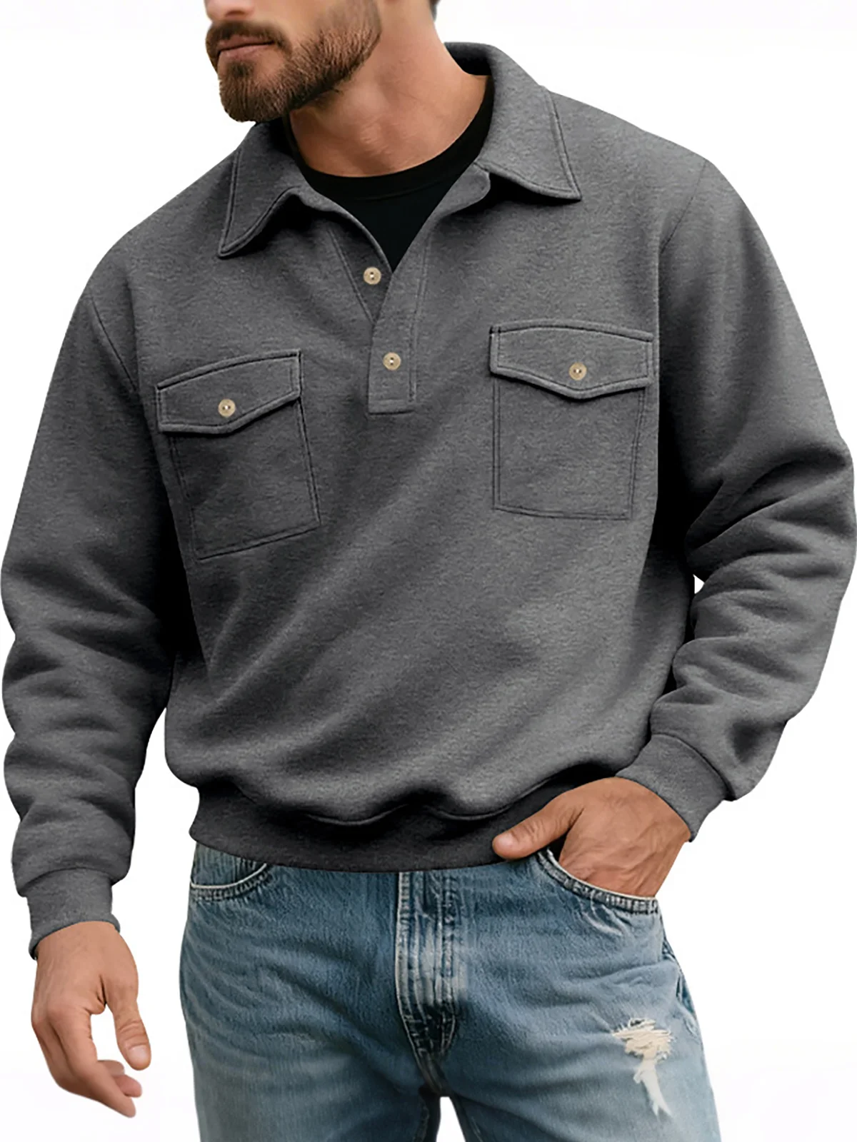 Royaura® Basic Men's Casual Fashion Double Pocket Tough Workwear Motorcycle Button Sweatshirt