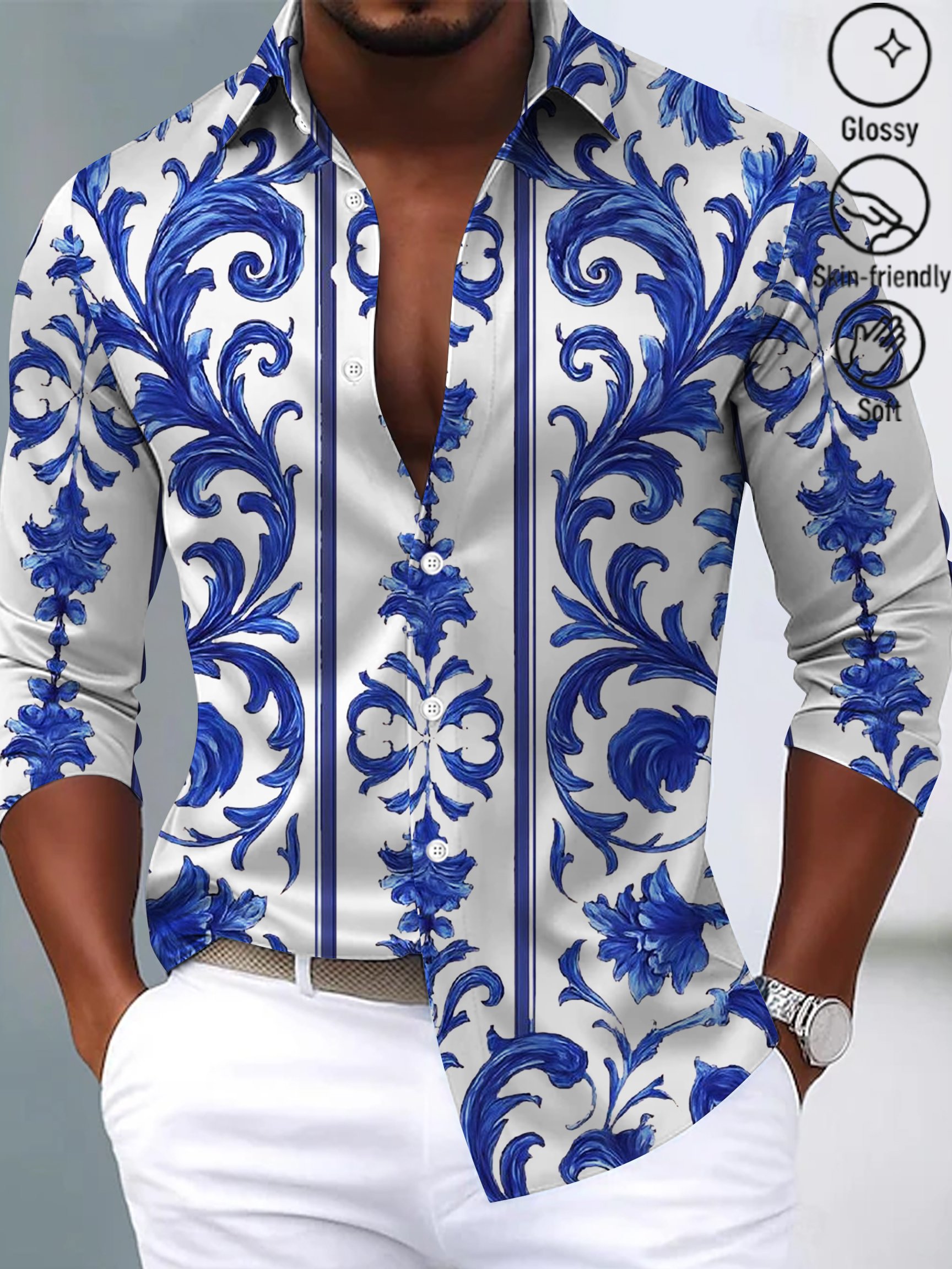 Royaura® Baroque Palace Print Men's Button Pocket Satin Long-Sleeve Dress Shirt Big & Tall