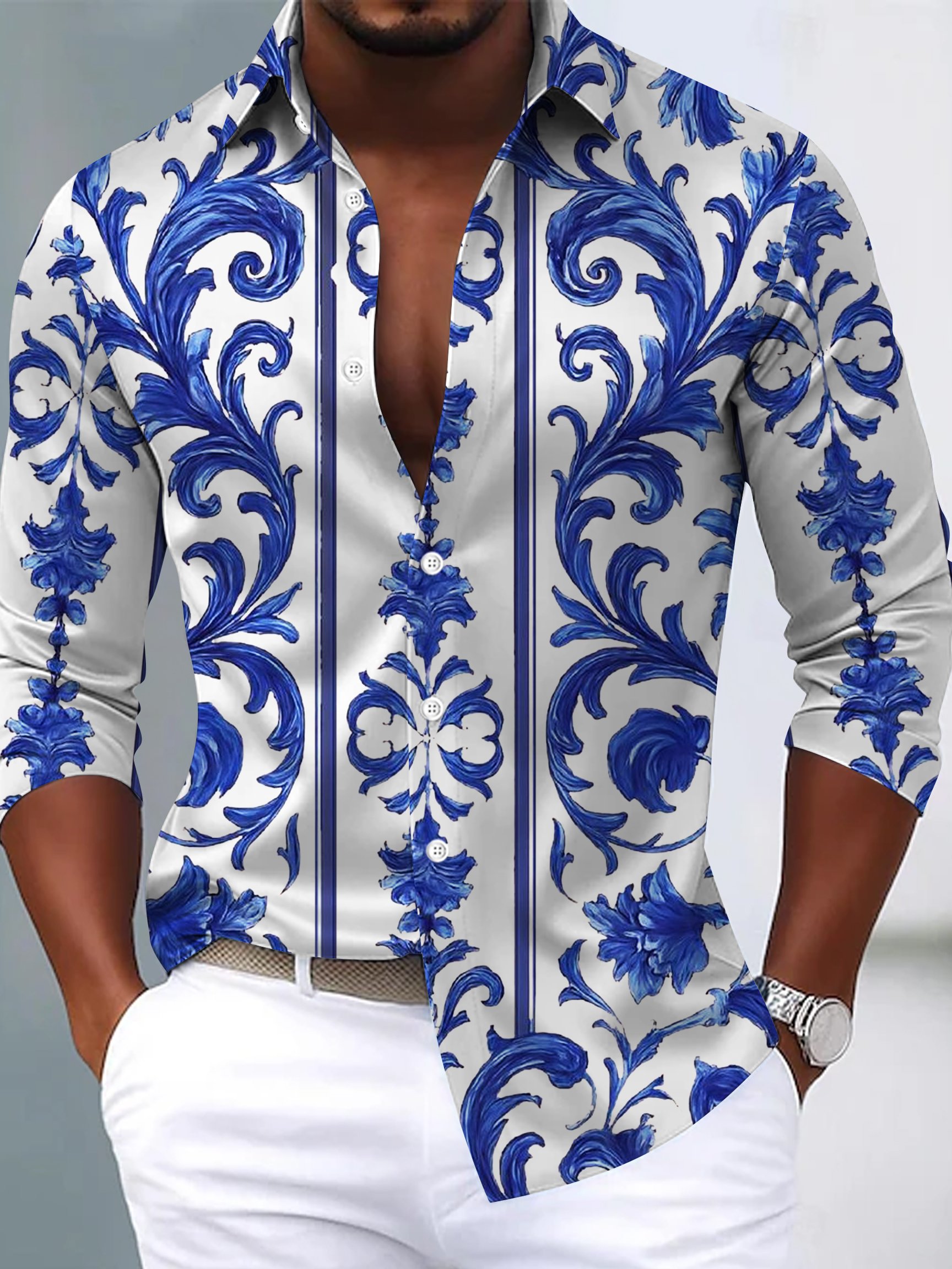 Royaura® Baroque Palace Print Men's Button Pocket Satin Long-Sleeve Dress Shirt Big & Tall