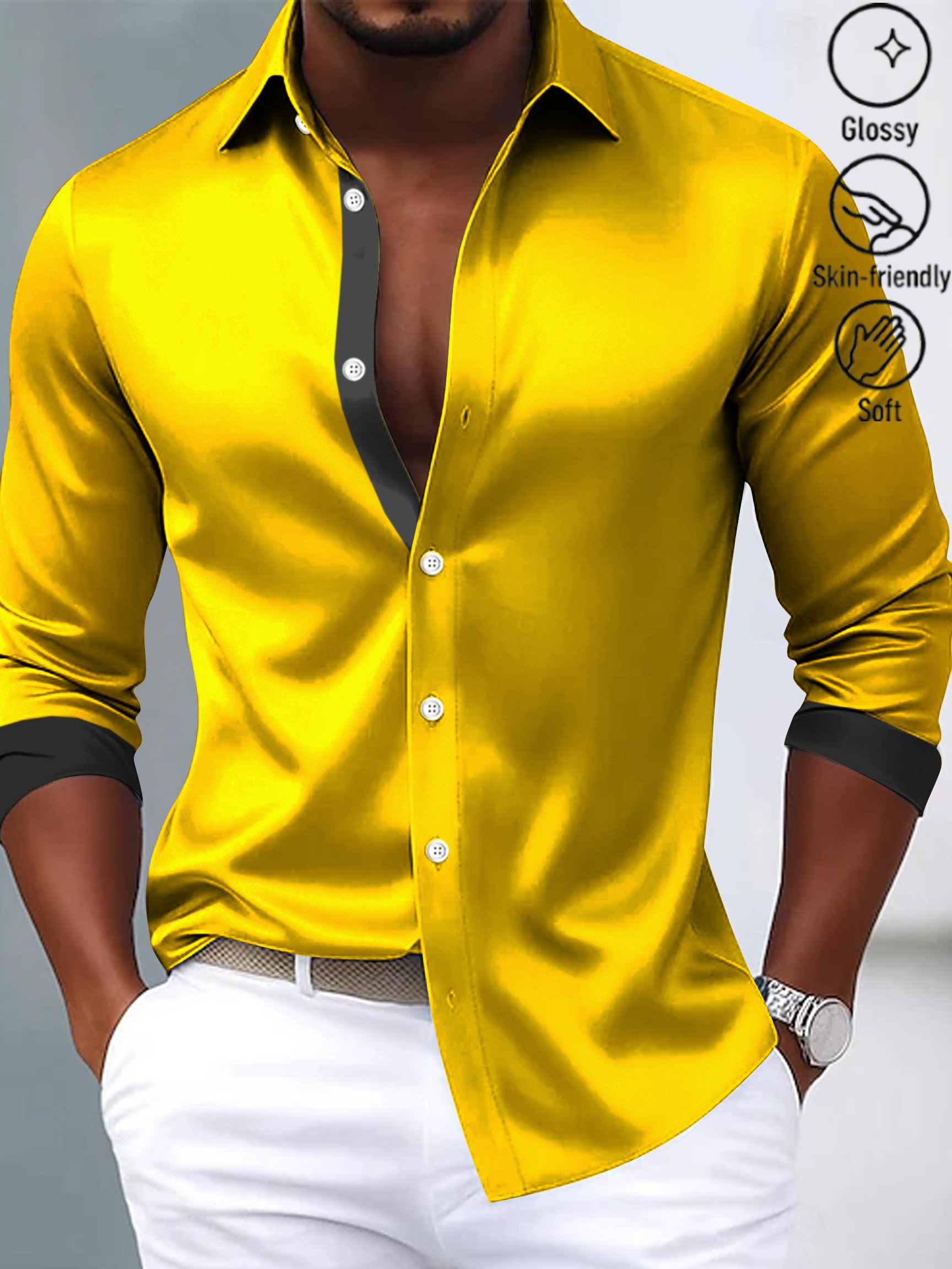 Royaura® Solid Satin Reflective Print Men's Button Pocket Satin Long-Sleeve Dress Shirt Big & Tall