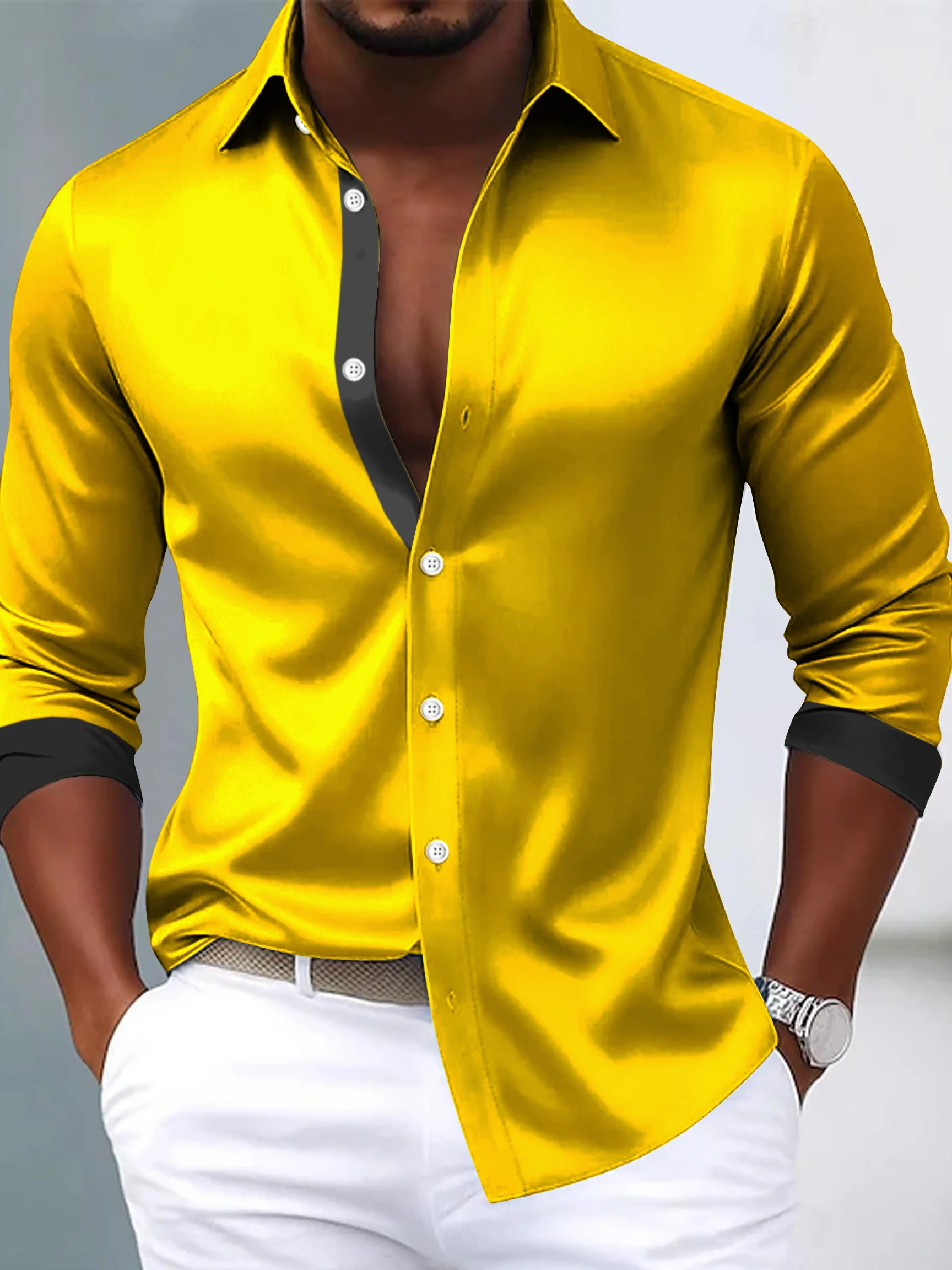 Royaura® Solid Satin Reflective Print Men's Button Pocket Satin Long-Sleeve Dress Shirt Big & Tall