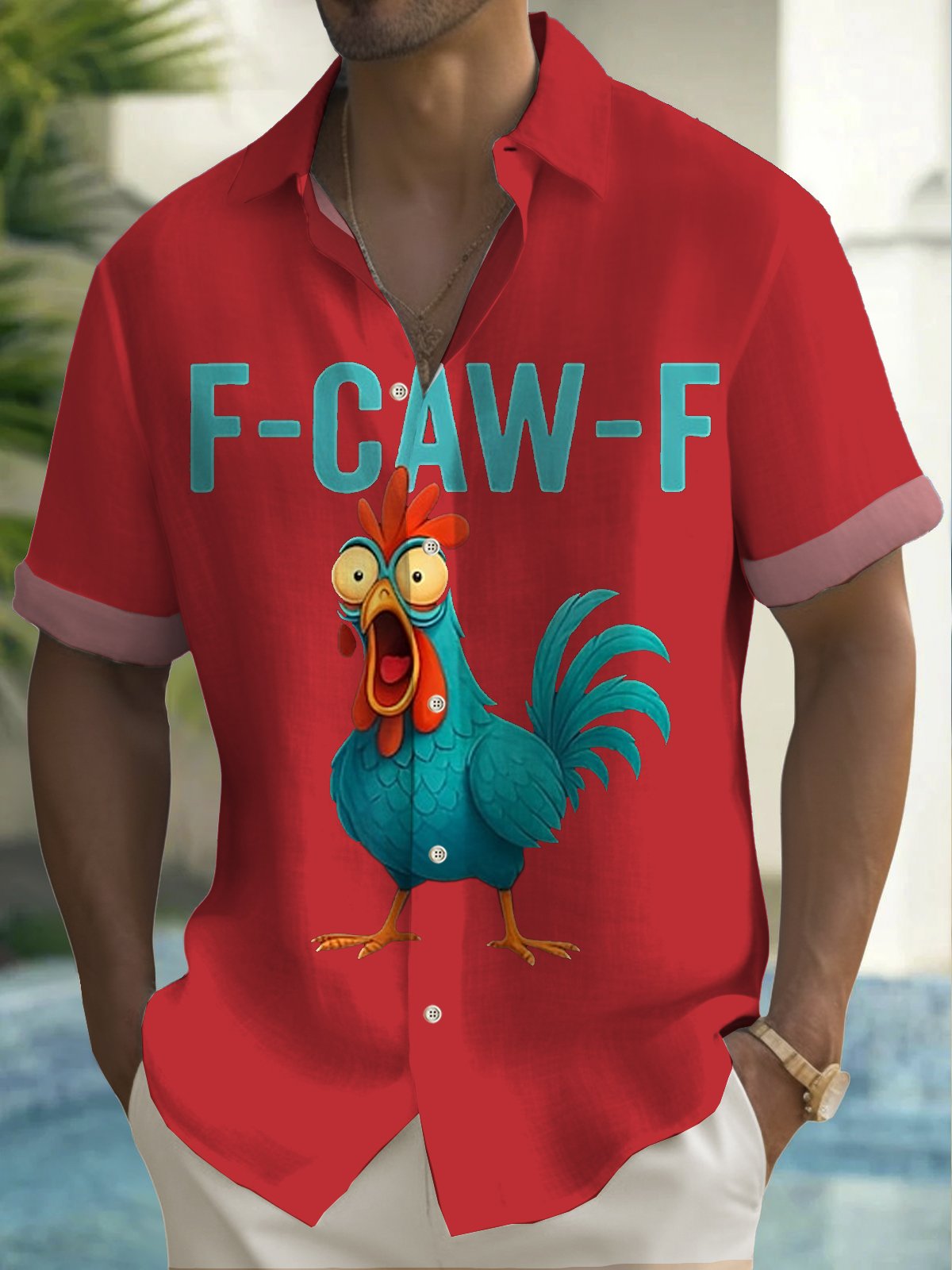 Royaura® Men's Retro Funny Rooster Print Button Pocket Short Sleeve Shirt Big & Tall