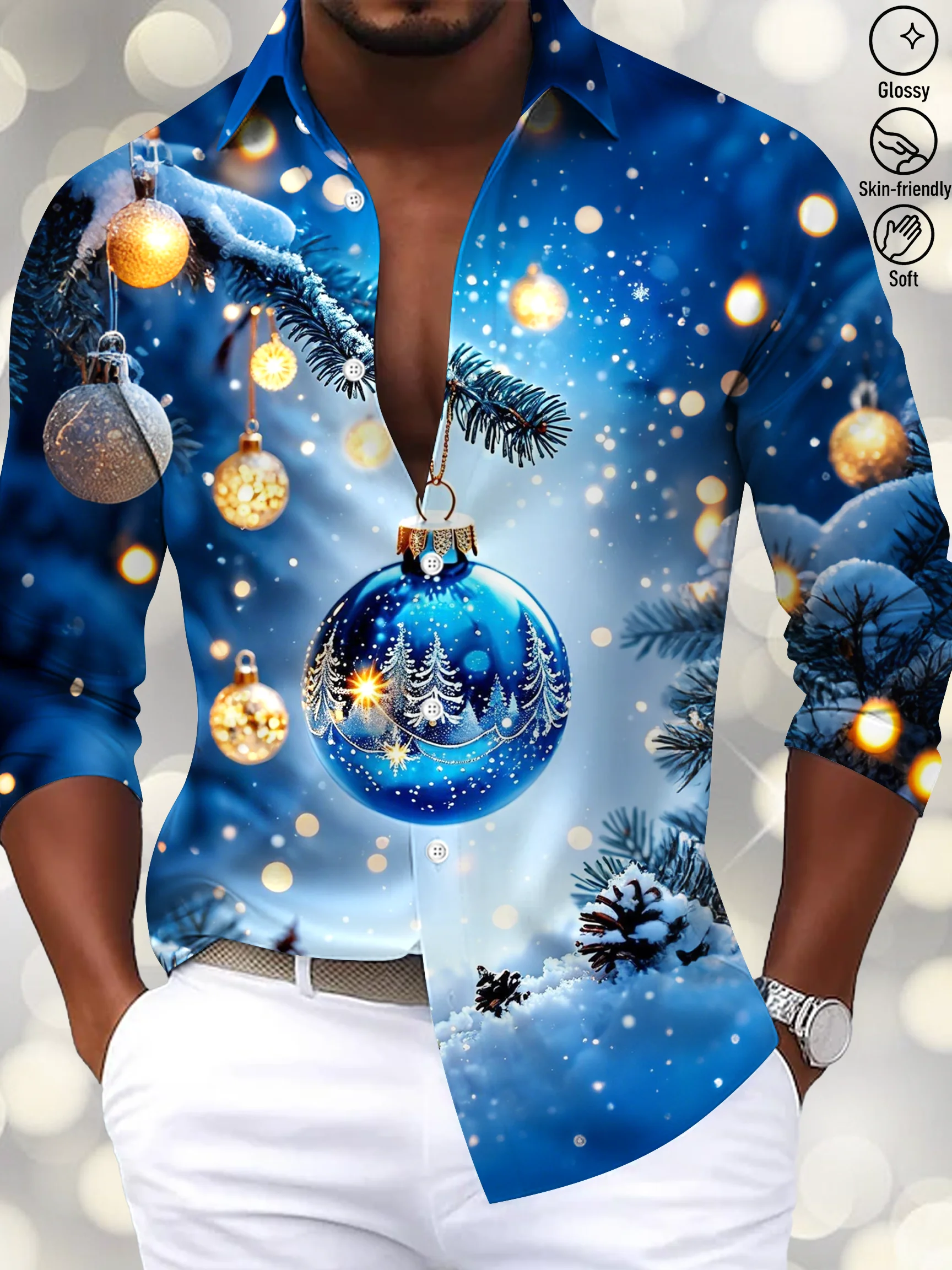 Royaura® Holiday Christmas Decoration Ball Art Print Men's Satin Button-Down Long Sleeve Shirt Big & Tall