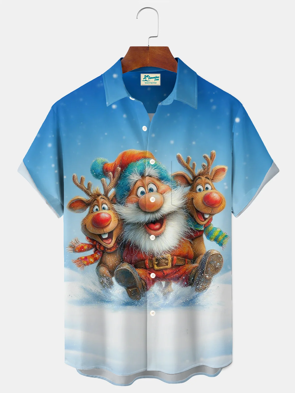 Royaura® Holiday Christmas Funny Santa Reindeer Art Print Men's Button Pocket Short Sleeve Shirt Big & Tall