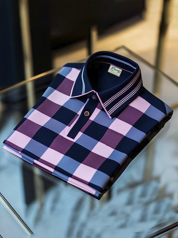 Royaura® Men's Retro Checkerboard Print Lapel Short Sleeve Polo Shirt Big & Tall