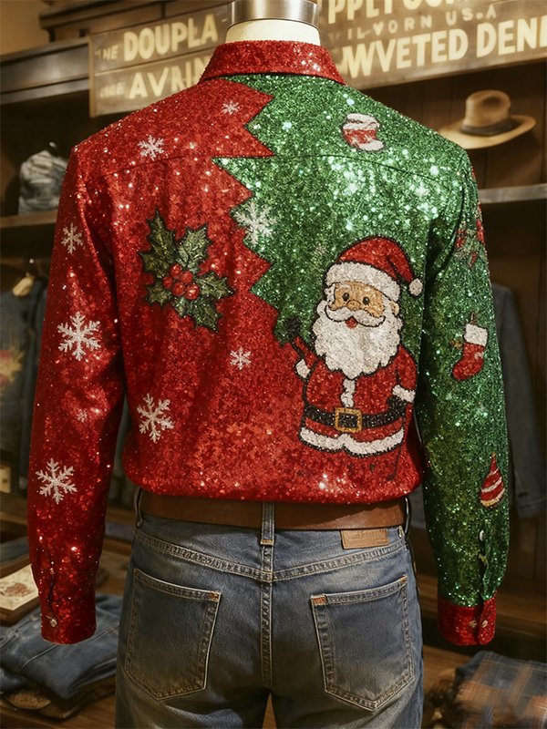 Royaura® Christmas Santa Bell Print Men's Lapel Button-Down Long Sleeve Shirt Big & Tall