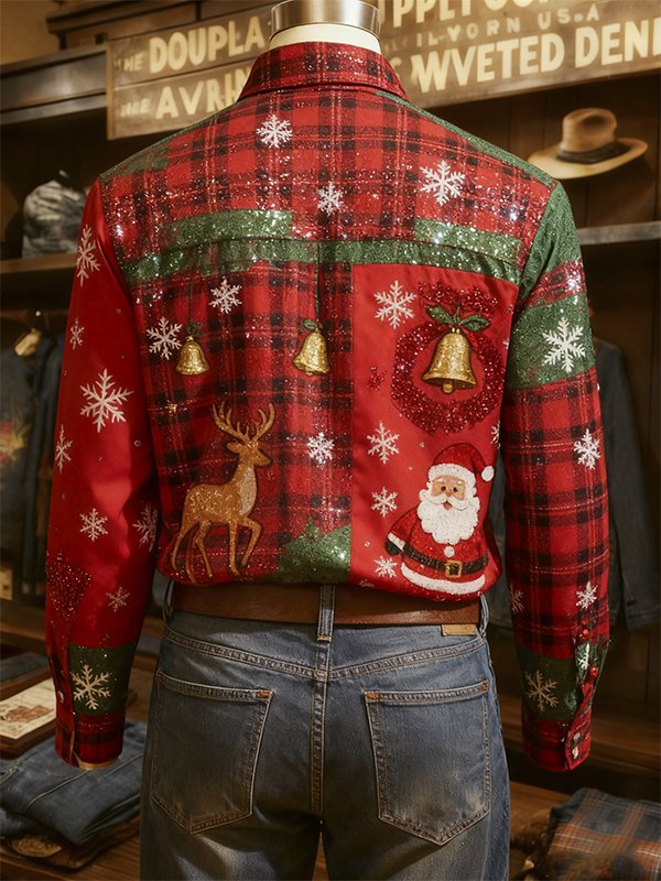 Royaura®Christmas Santa Claus and Elk Print Men's Lapel Button-Down Long Sleeve Shirt Big & Tall