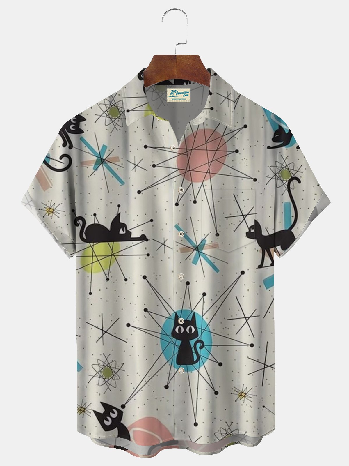 Royaura® Retro Medieval Geometric Print Men's Lapel Button Short Sleeve Shirt Big & Tall