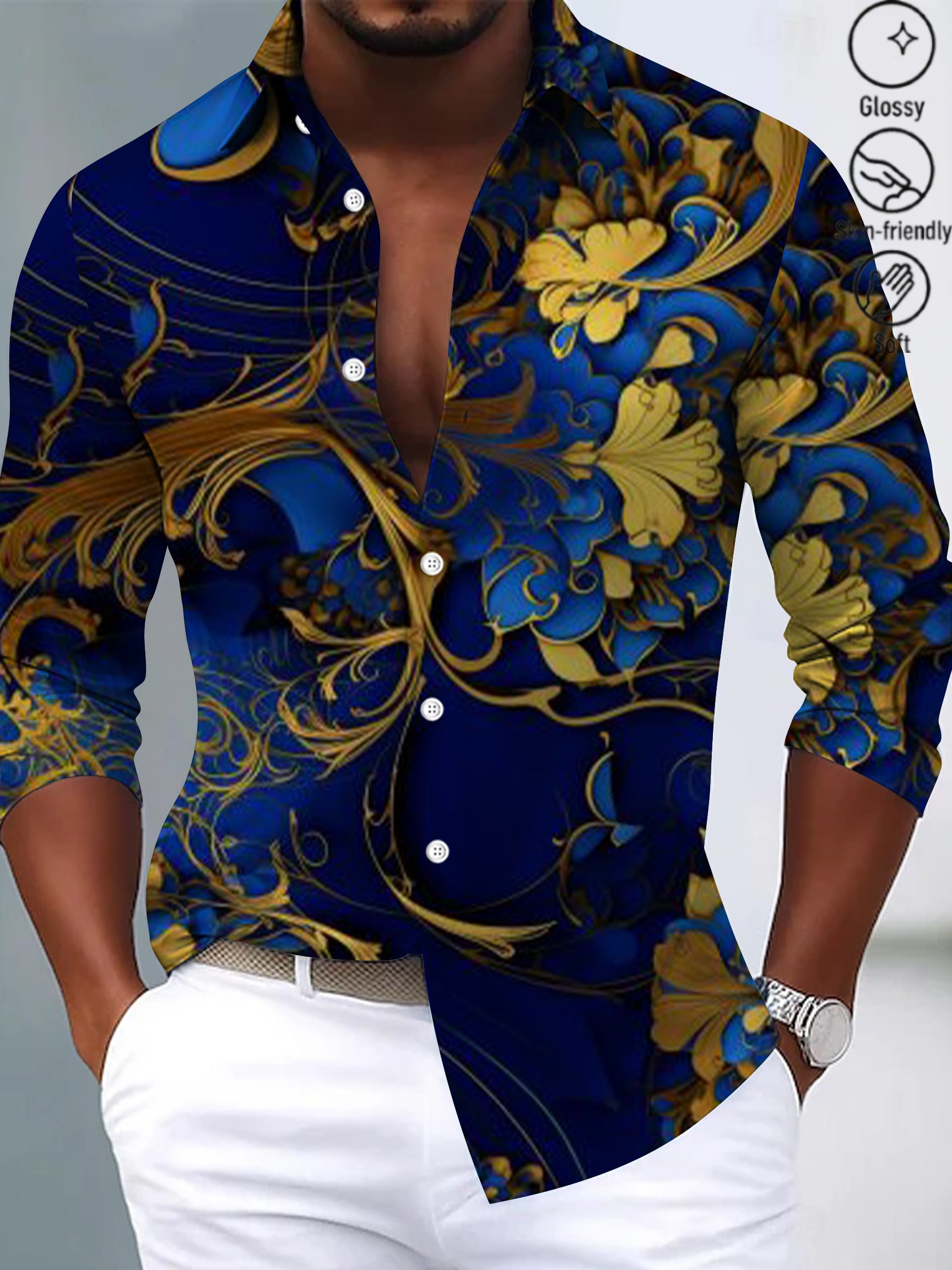 Royaura® Men's Vintage European Pattern Print Button-Down Satin Long Sleeve Shirt Big & Tall