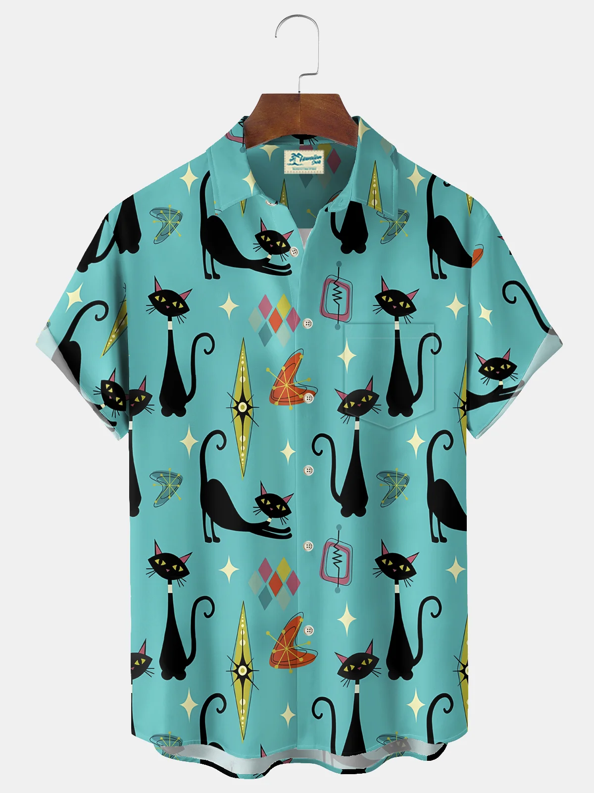 Royaura® Vintage Medieval Atomic Geometry Cat Print Men's Casual Stylish Button Pocket Short Sleeve Shirt Big Tall