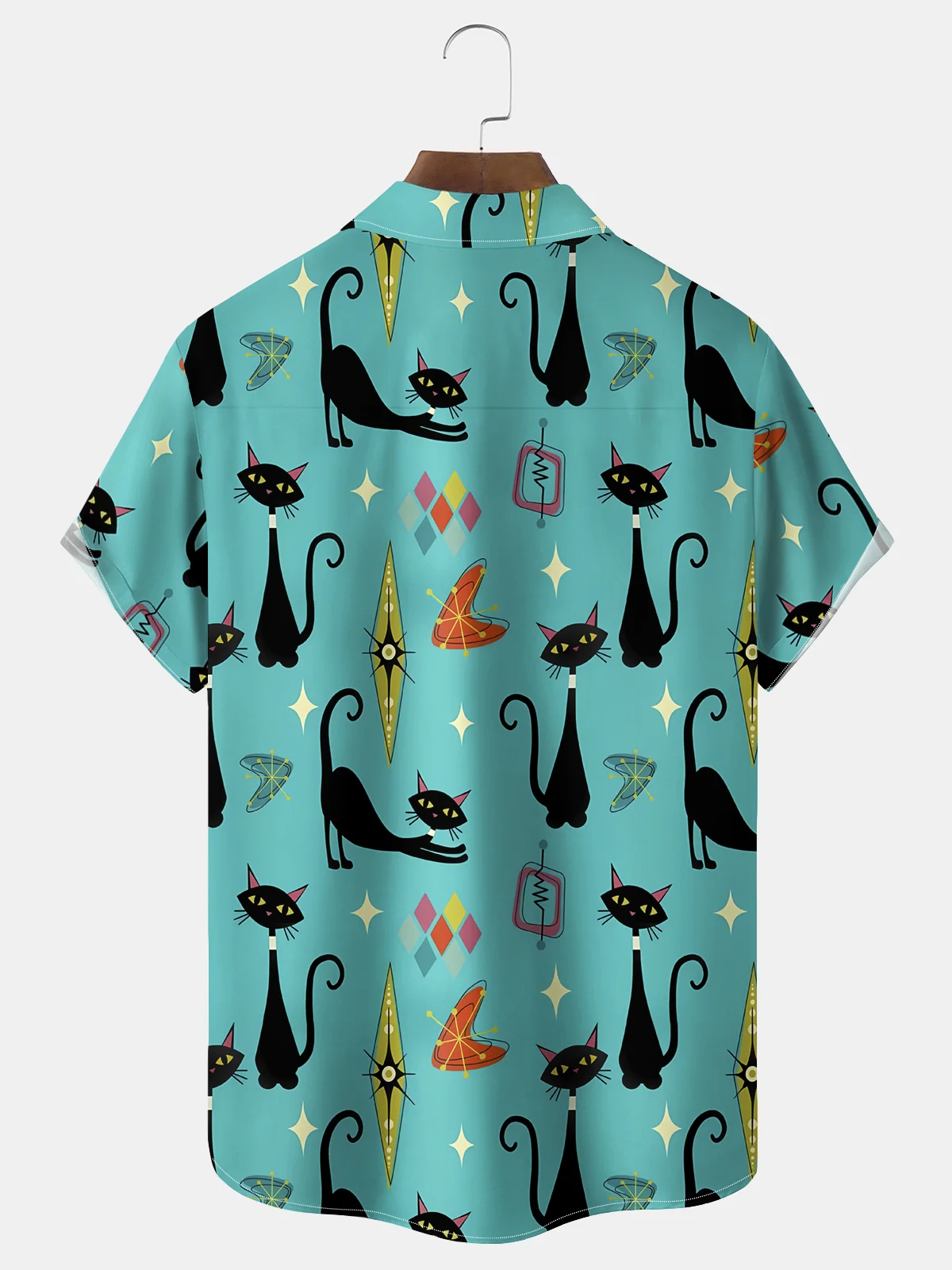 Royaura® Vintage Medieval Atomic Geometry Cat Print Men's Casual Stylish Button Pocket Short Sleeve Shirt Big Tall