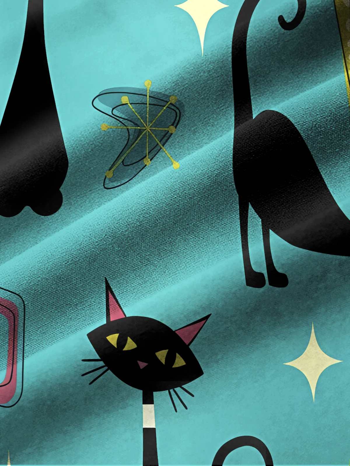 Royaura® Vintage Medieval Atomic Geometry Cat Print Men's Casual Stylish Button Pocket Short Sleeve Shirt Big Tall