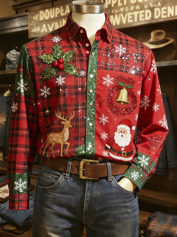 Royaura®Christmas Santa Claus and Elk Print Men's Lapel Button-Down Long Sleeve Shirt Big & Tall