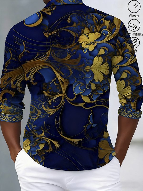 Royaura® Men's Vintage European Pattern Print Button-Down Satin Long Sleeve Shirt Big & Tall